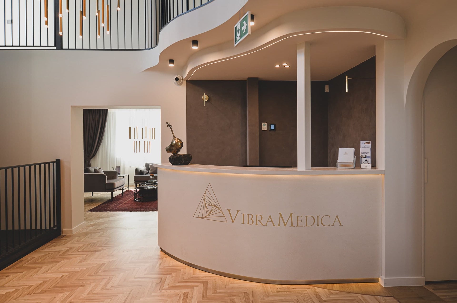 Reception area of Vibra Medica clinic in Kaunas, Lithuania — a modern partner clinic proudly offering Jurgita Cosmeceuticals' lab-tested skincare innovations.