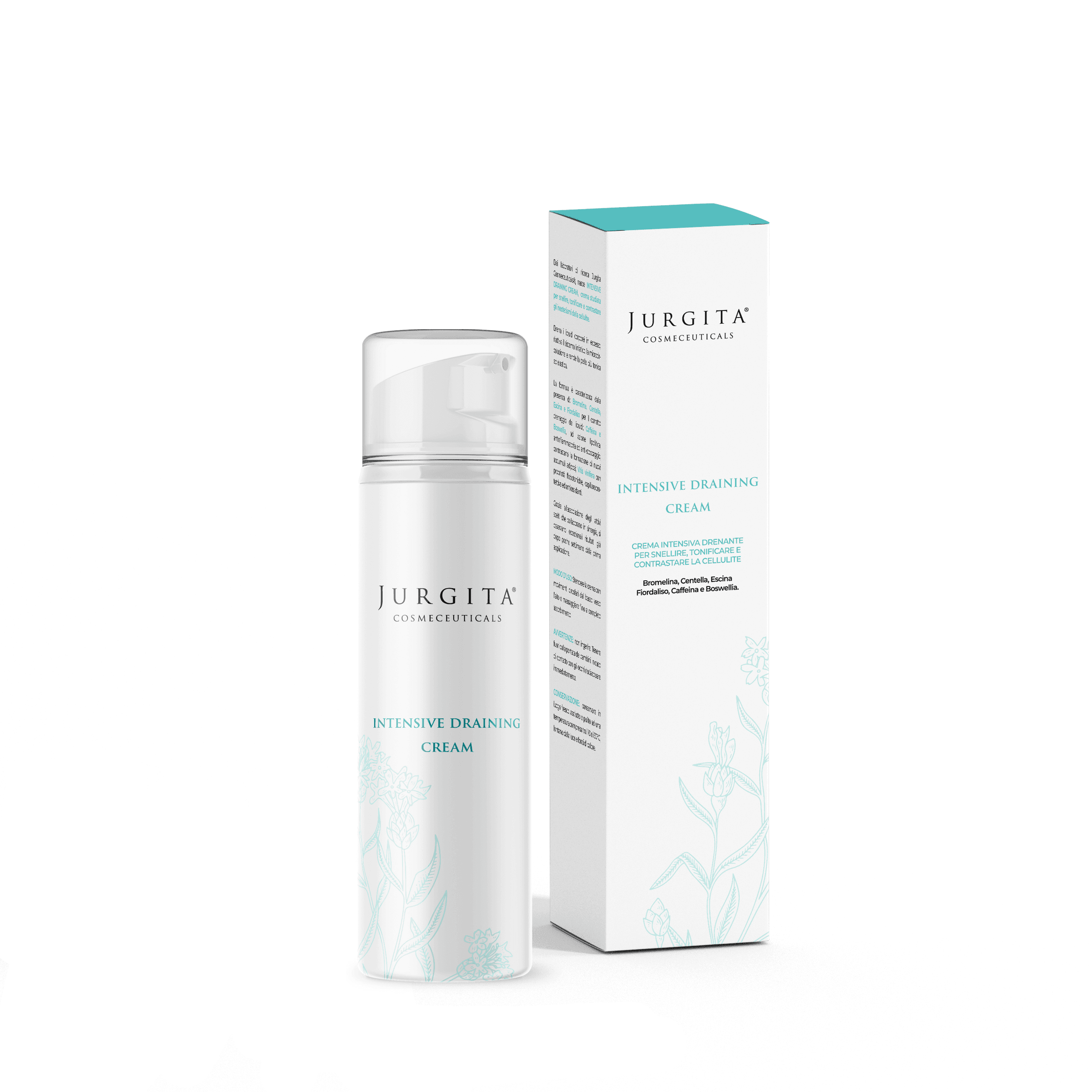 Jurgita Cosmeceuticals Intensive Draining Cream alongside its elegant white packaging, featuring active ingredients for hydration, circulation, and cellulite reduction