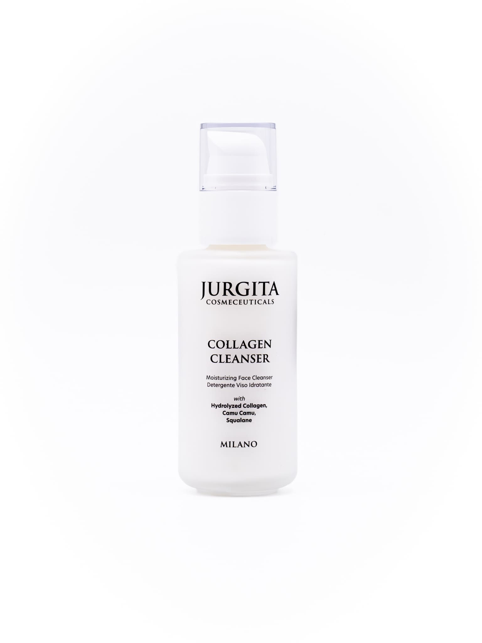 Jurgita Cosmeceuticals Premium Collagen Cleanser in a luxurious pump bottle, formulated with hydrolyzed collagen, hyaluronic acid, and camu camu for deep hydration.