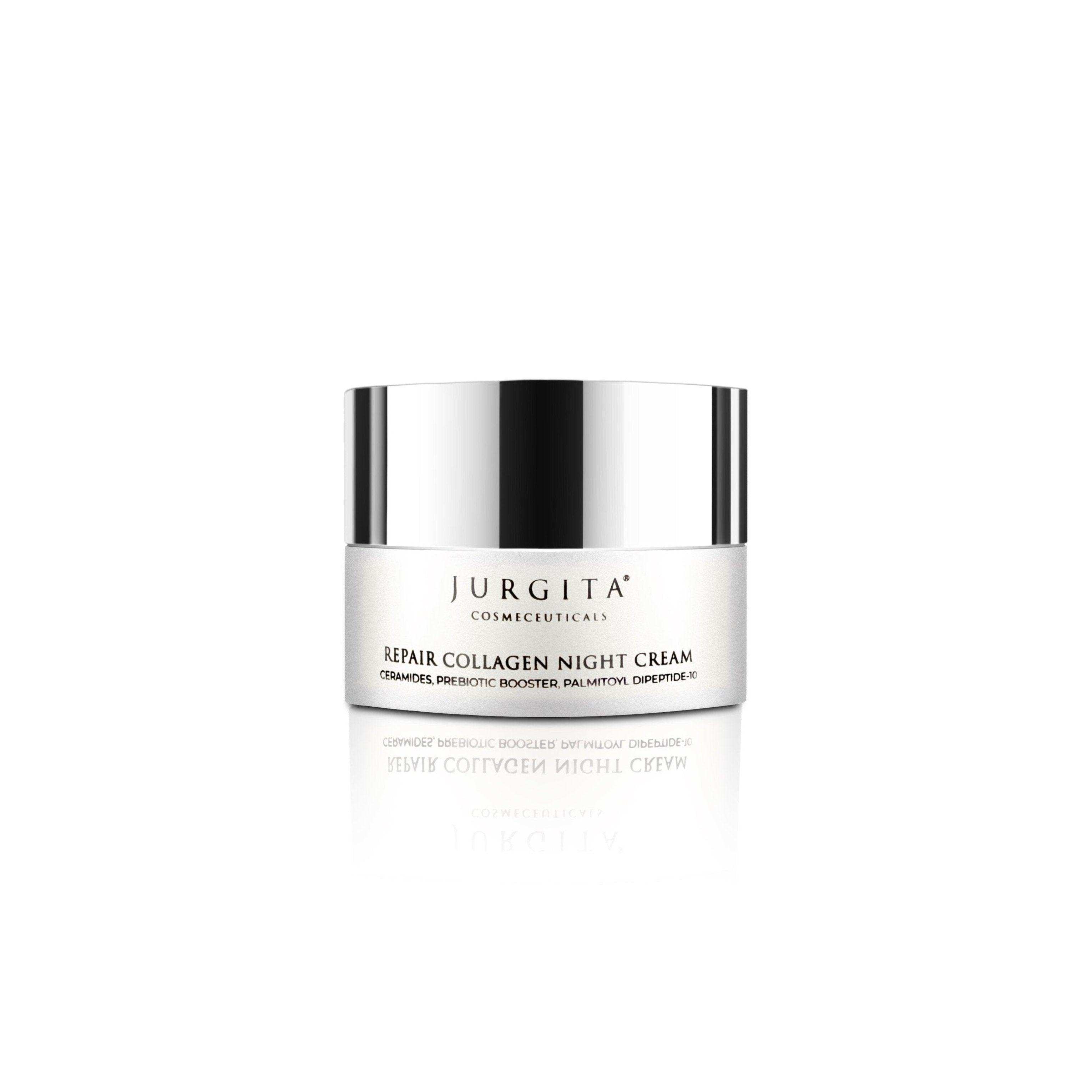Jurgita Cosmeceuticals Repair Collagen Night Cream in an elegant jar with a silver lid, formulated to restore and hydrate the skin overnight.