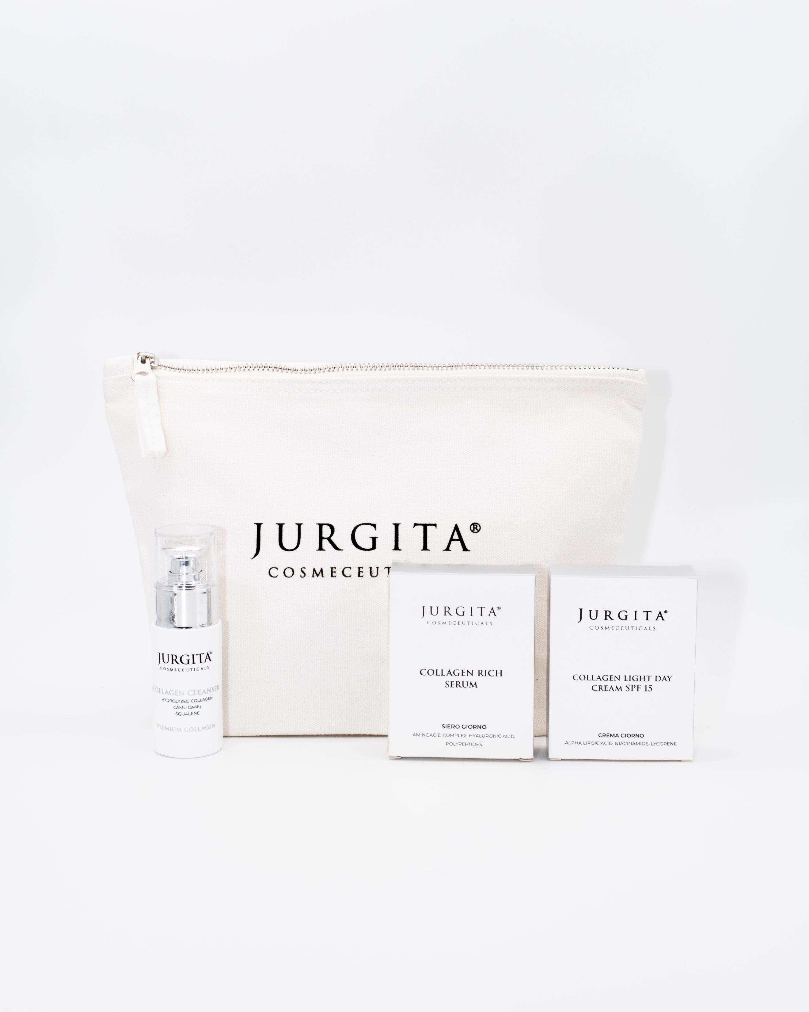 Jurgita Cosmeceuticals Authentic Life Essentials Set, featuring a premium collagen cleanser, collagen rich serum, collagen day cream SPF 15, and a free cotton cosmetic bag