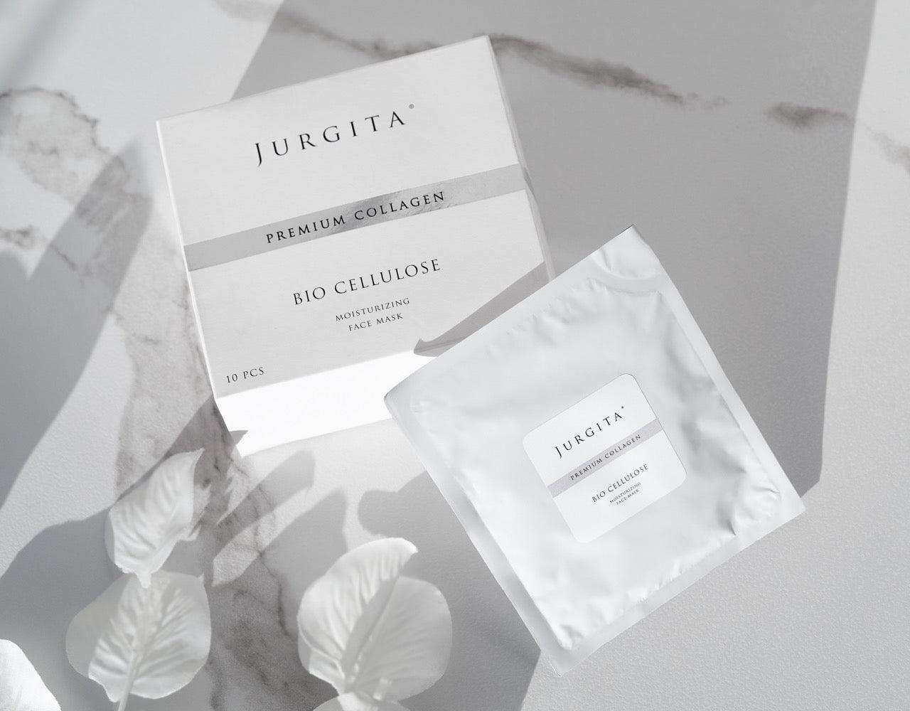 Jurgita Cosmeceuticals Bio-Cellulose Face Mask with its elegant white and silver packaging, designed for intense moisture restoration and skin soothing