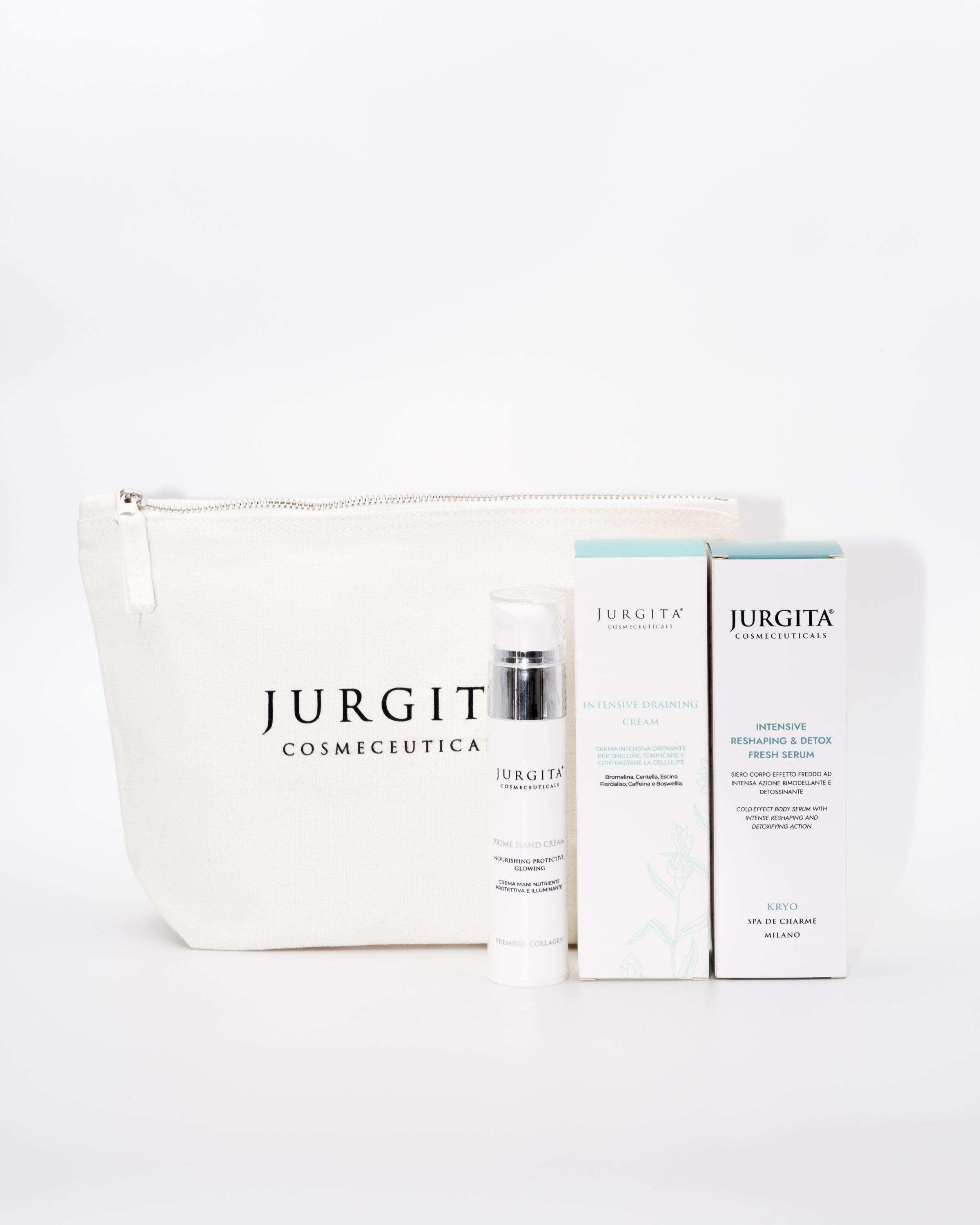 Jurgita Cosmeceuticals Body Elegance Trio Set, featuring Deep Moisture Prime Hand Cream, Reshape & Detox Body Serum, Intensive Draining Cream, and a free cotton cosmetic bag.