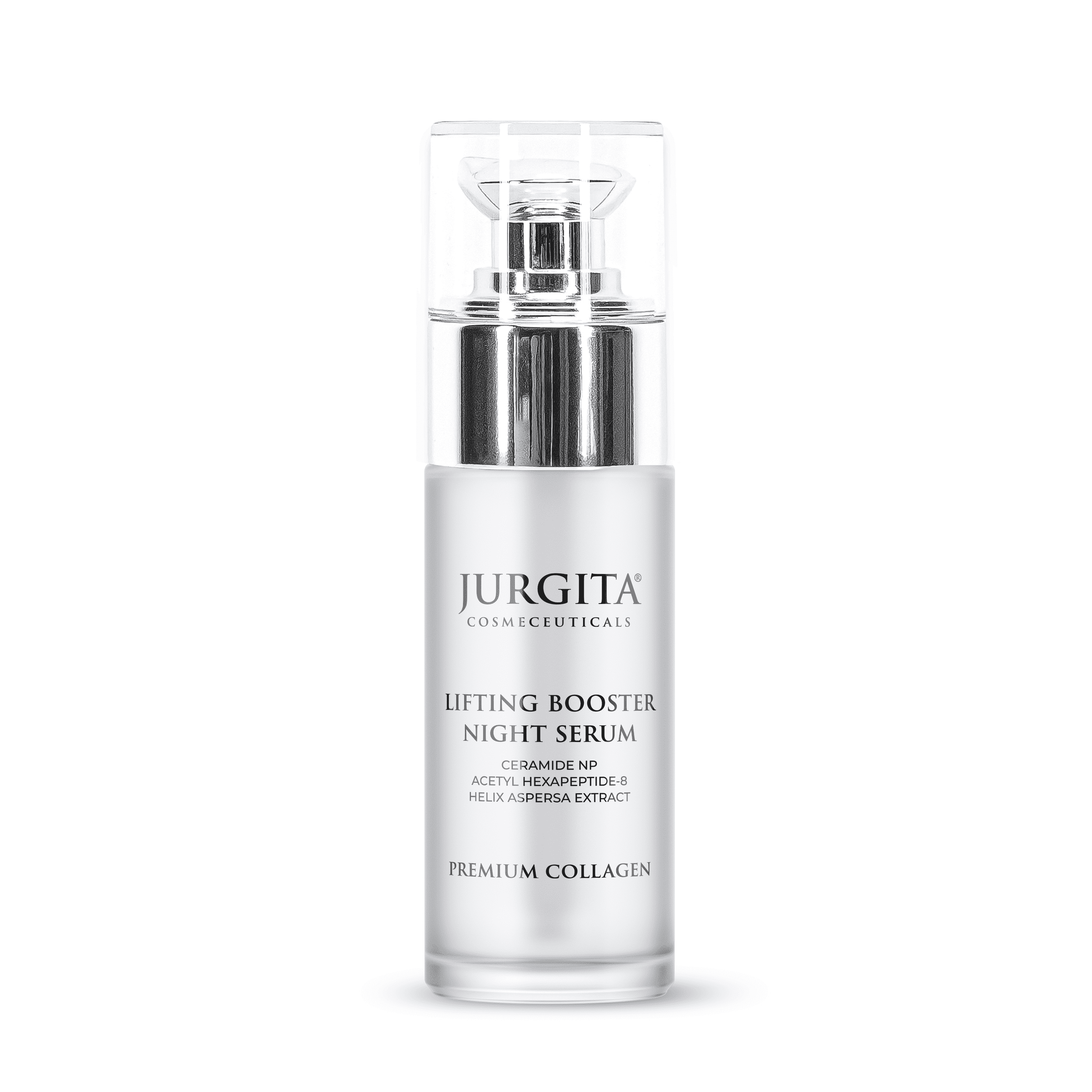 A sleek glass bottle of Jurgita Lifting Booster Night Serum with a silver pump dispenser, elegantly designed for a luxurious nighttime skincare routine.