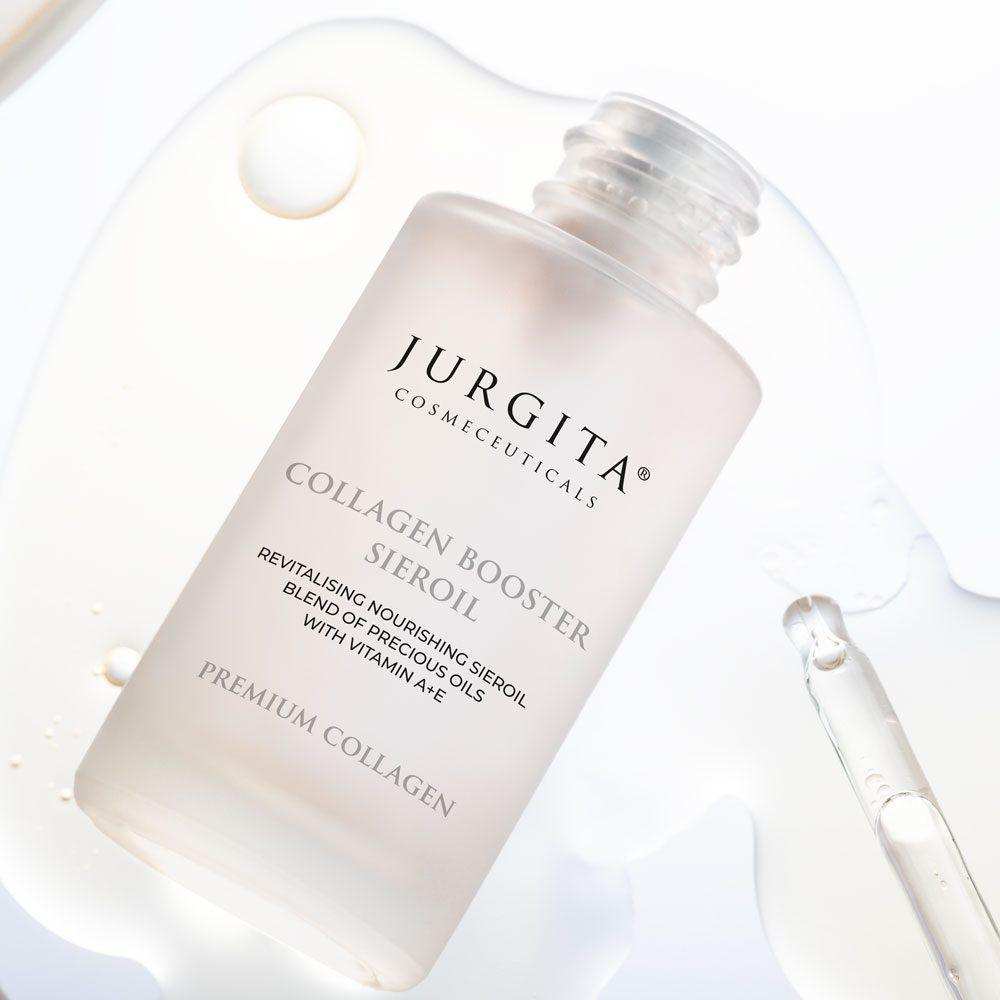 Jurgita Cosmeceuticals Collagen Booster Sieroil in a frosted glass bottle, designed to hydrate, nourish, and protect the skin with a blend of antioxidant-rich oils.