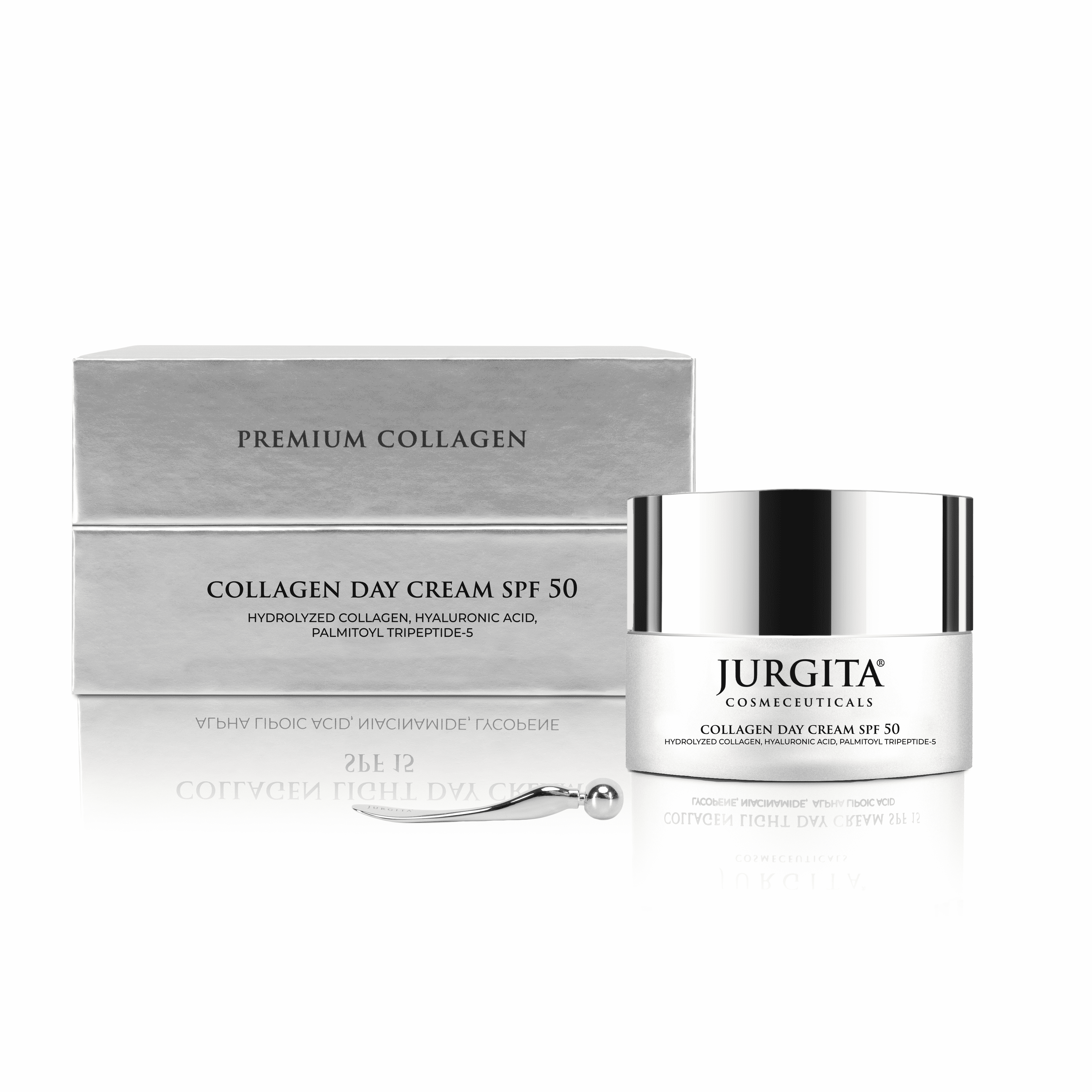 Jurgita Cosmeceuticals Collagen Day Cream SPF 50 with its premium silver packaging and applicator, offering advanced skin regeneration and UV protection.