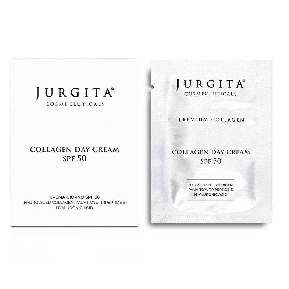 Jurgita Cosmeceuticals Collagen Day Cream SPF 50 in a sleek travel-size sachet, designed for deep hydration and daily sun protection