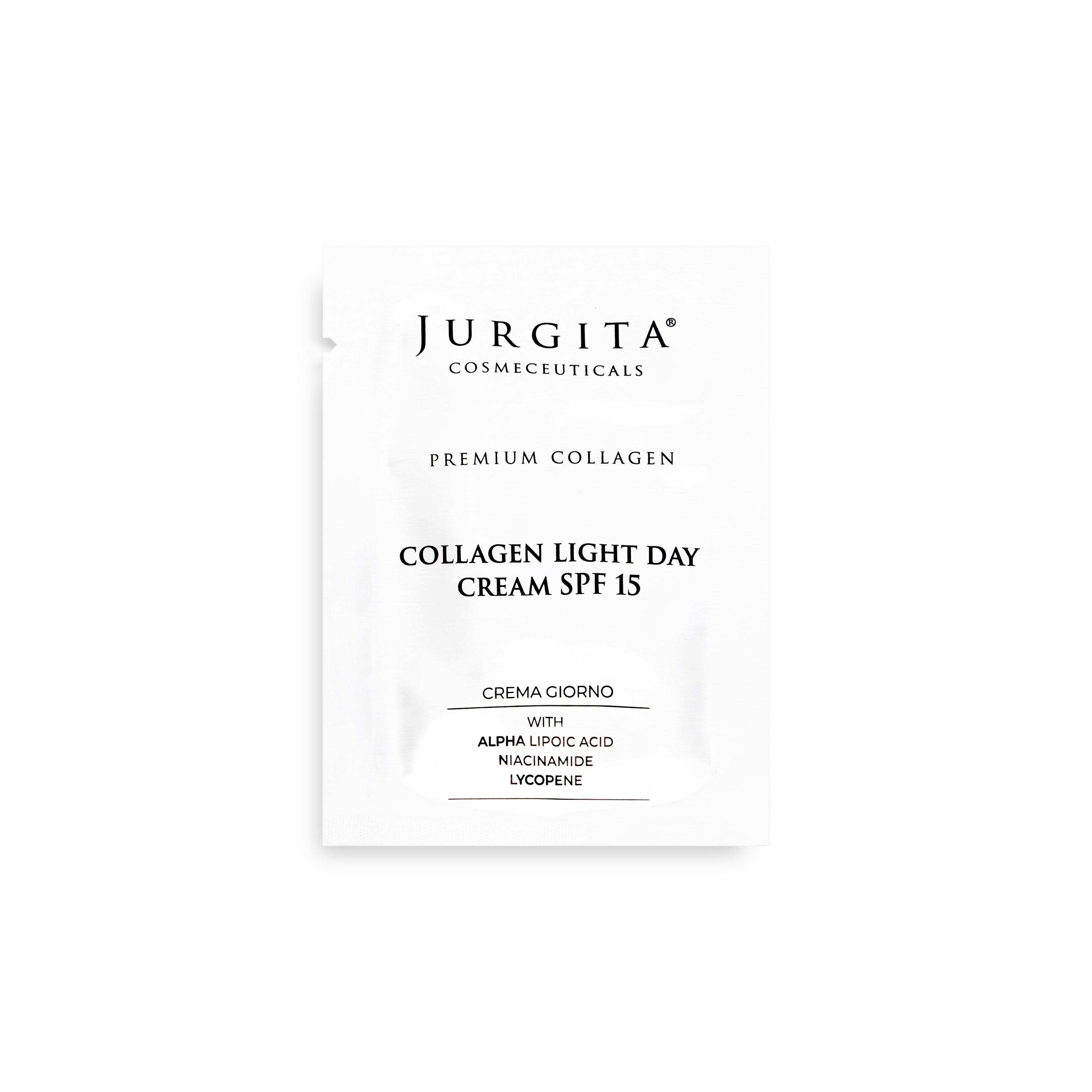 A sleek, travel-friendly sachet of Jurgita Cosmeceuticals Collagen Light Day Cream SPF 15, perfect for on-the-go hydration and sun protection.