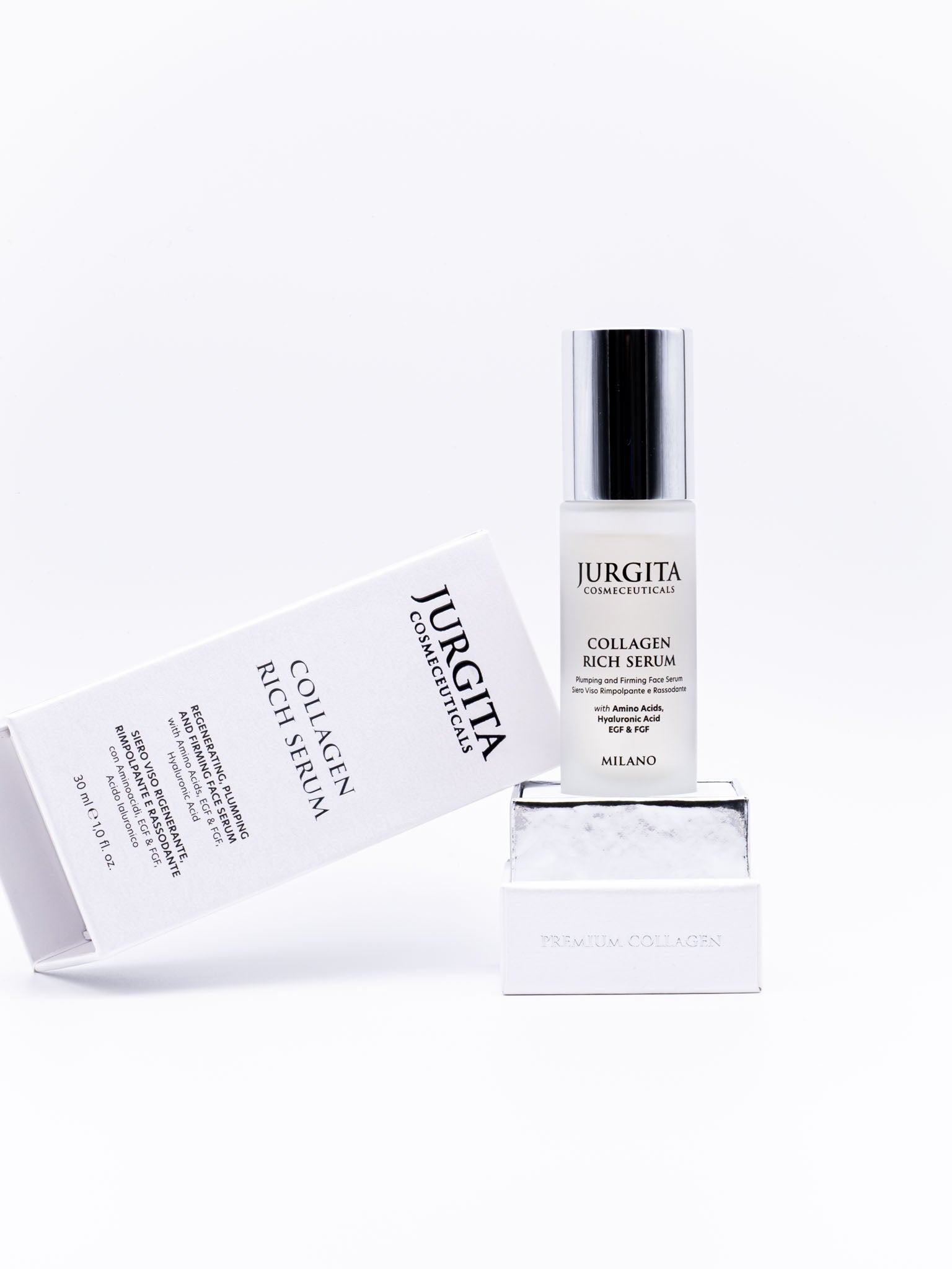 Minimalist product shot of Jurgita Rich Serum, white background, sleek design.