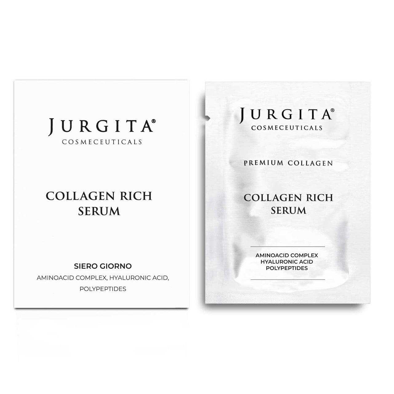 A minimalist sachet and box of "Collagen Rich Serum," highlighting its key ingredients and branding.