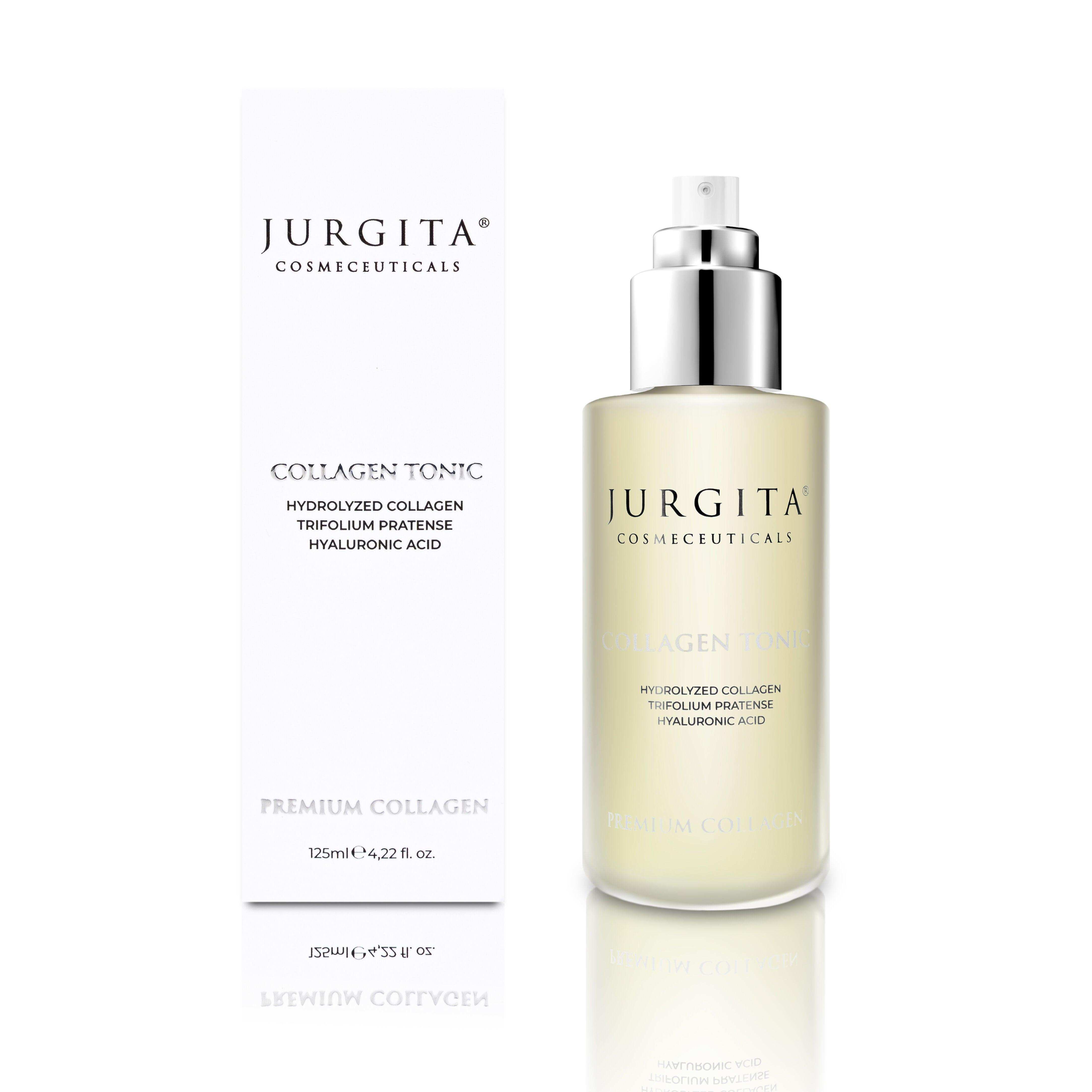 Jurgita Cosmeceuticals Collagen Tonic in a sleek glass bottle with a silver pump, next to its elegant white packaging with embossed branding.