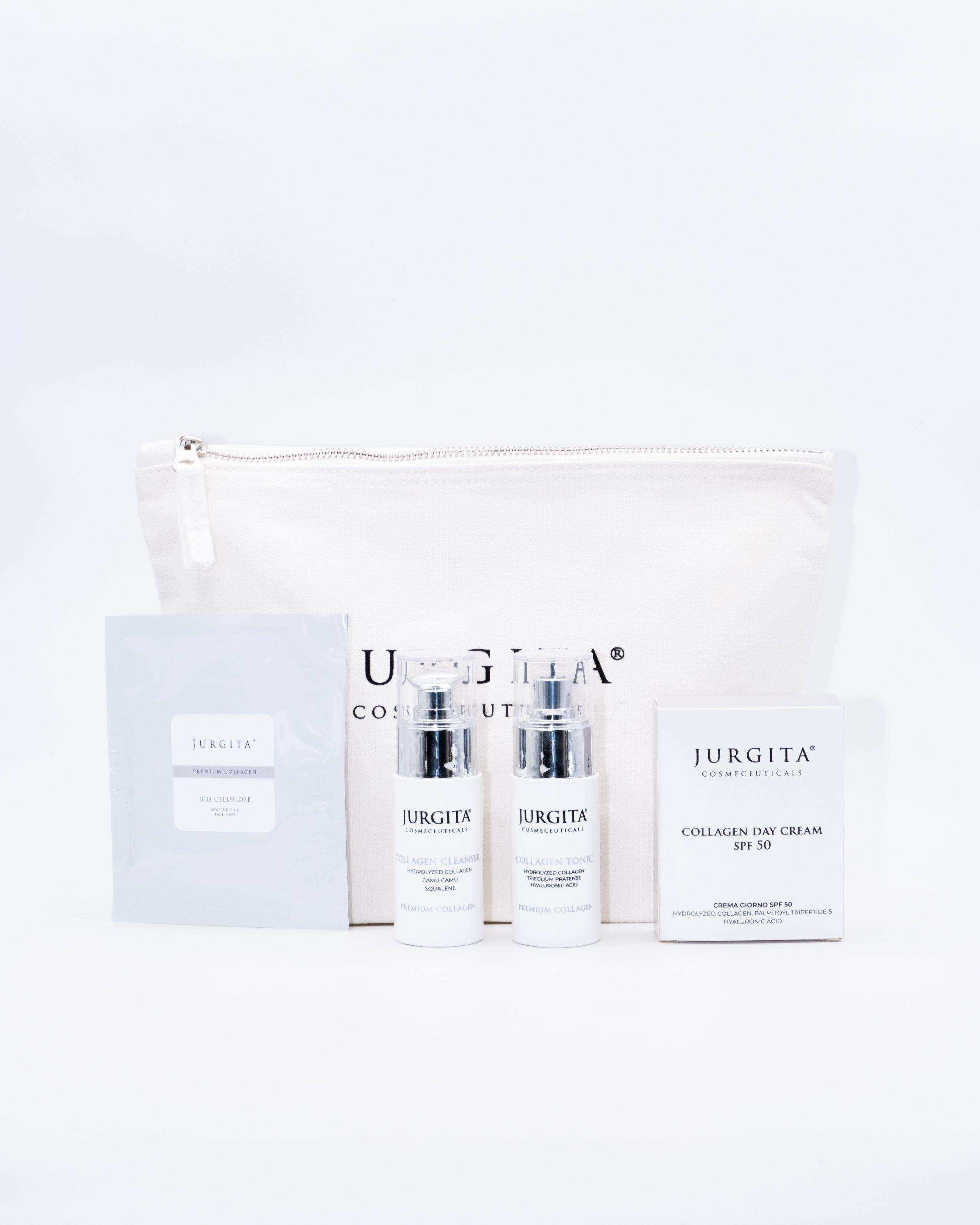 Jurgita Cosmeceuticals Effective Hydration Set, featuring a premium collagen cleanser, bio-cellulose mask, collagen tonic, SPF 50 day cream, and a free cotton cosmetic bag.