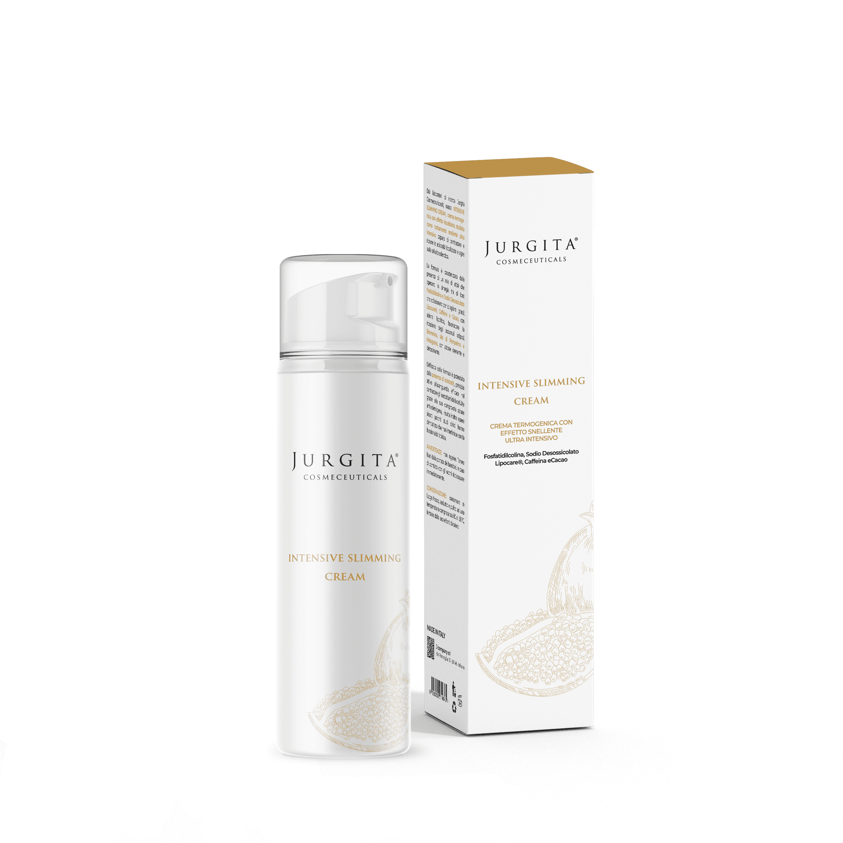 A sleek white bottle of Jurgita Intensive Slimming Cream standing next to its matching box, featuring minimalist gold accents and an illustration of citrus fruit.