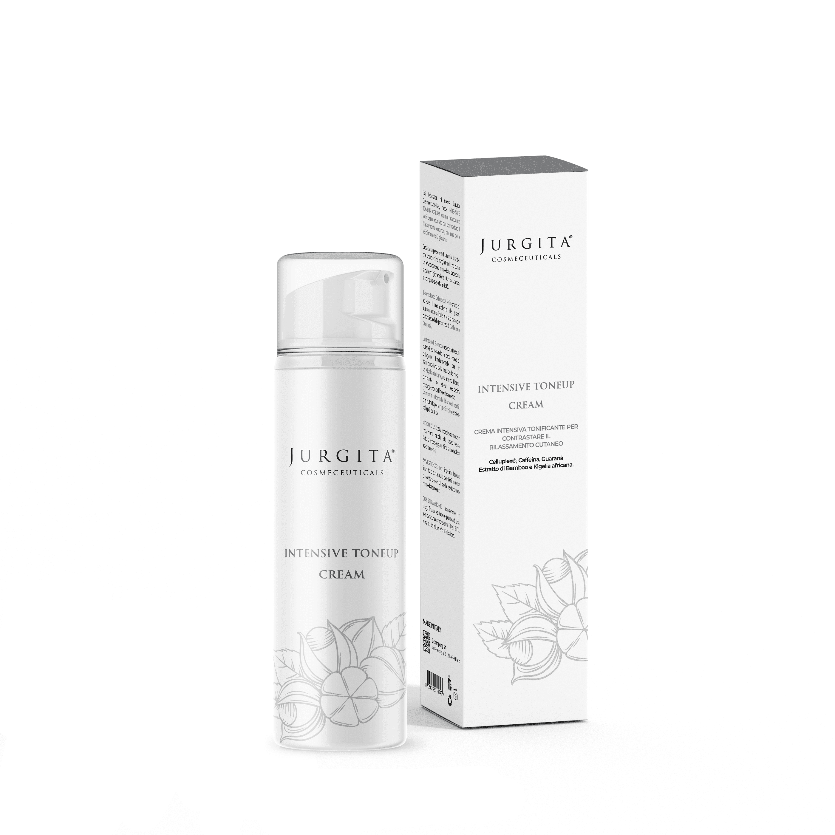 Jurgita Cosmeceuticals Intensive Tone Up Cream with its elegant white packaging, featuring grape seed, bilberry, and green tea extracts for enhanced skin elasticity and glow.