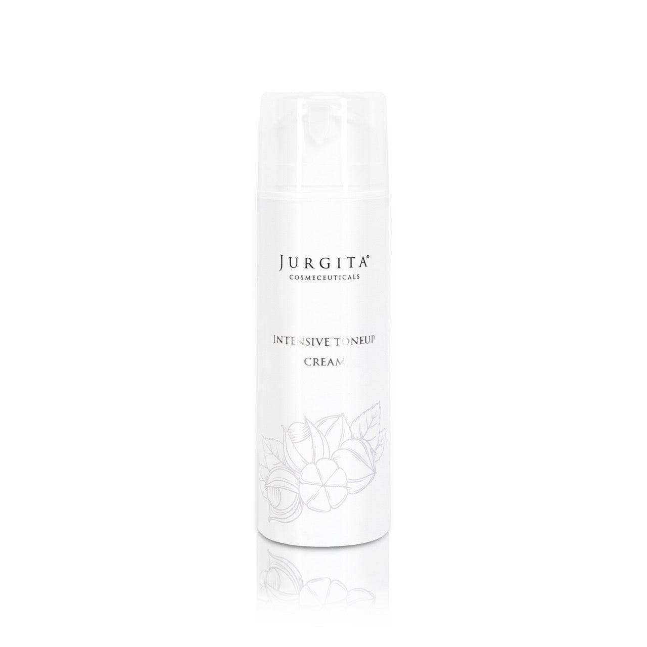 urgita Cosmeceuticals Intensive Tone Up Cream in a sleek white pump bottle with botanical illustrations, designed to firm and brighten the skin.