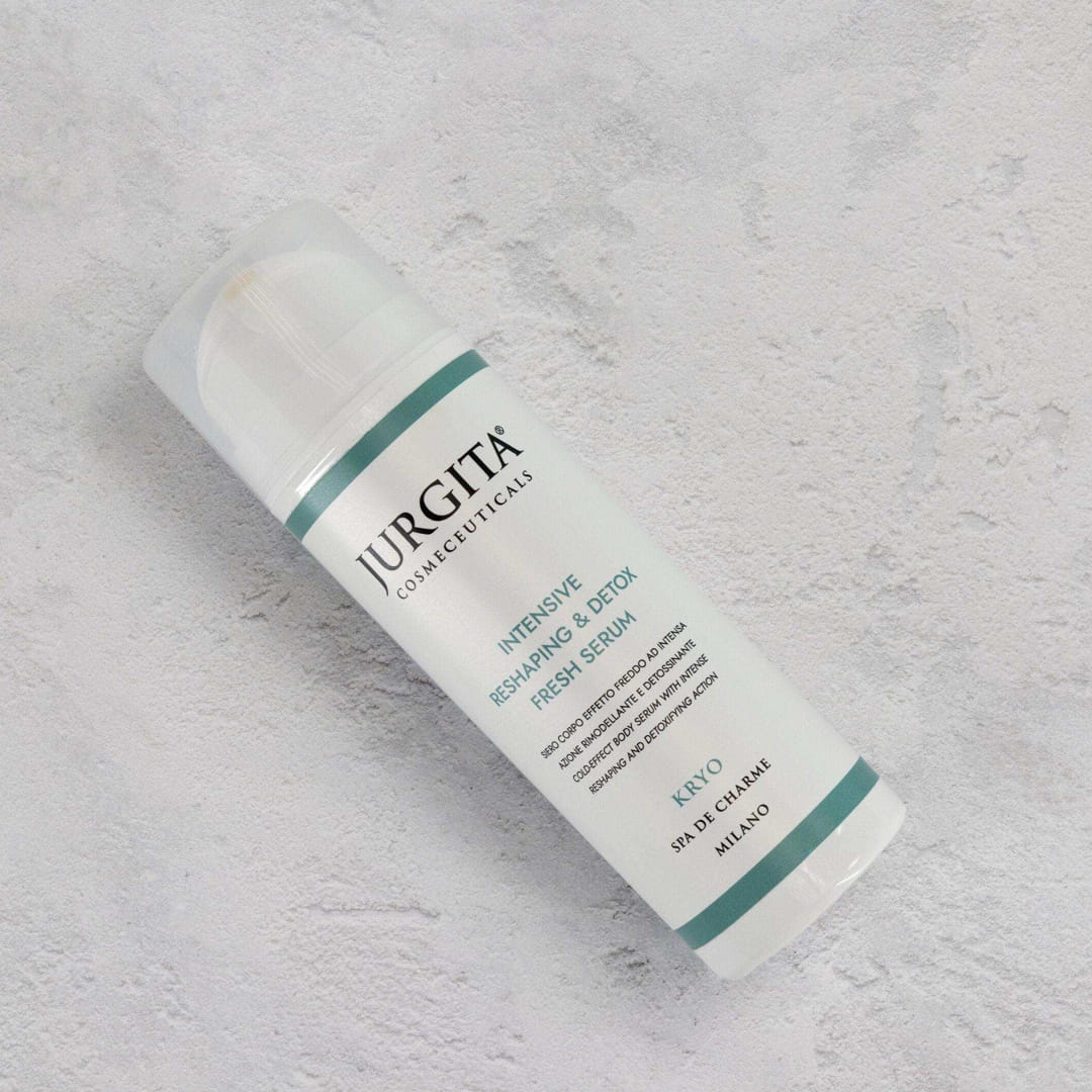 Jurgita Cosmeceuticals Intensive Reshaping & Detox Fresh Serum in a sleek white and teal bottle, placed on a textured background for a premium skincare aesthetic.