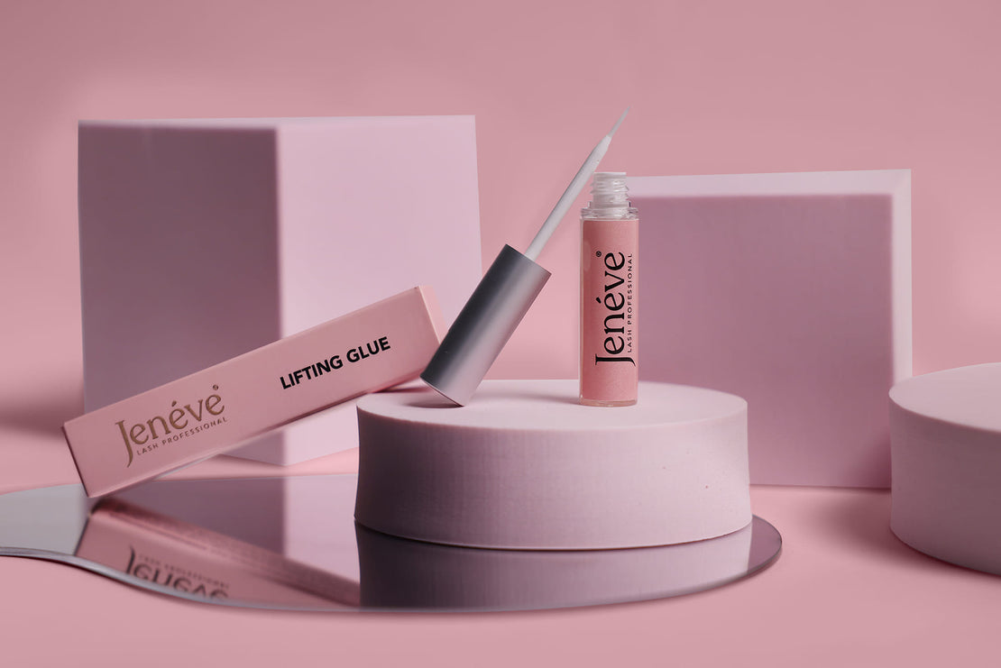 Jenevé Lifting Glue for lashes, showcased in a minimalist pink setup — a professional-grade product for precise eyelash lifting and brow lamination.