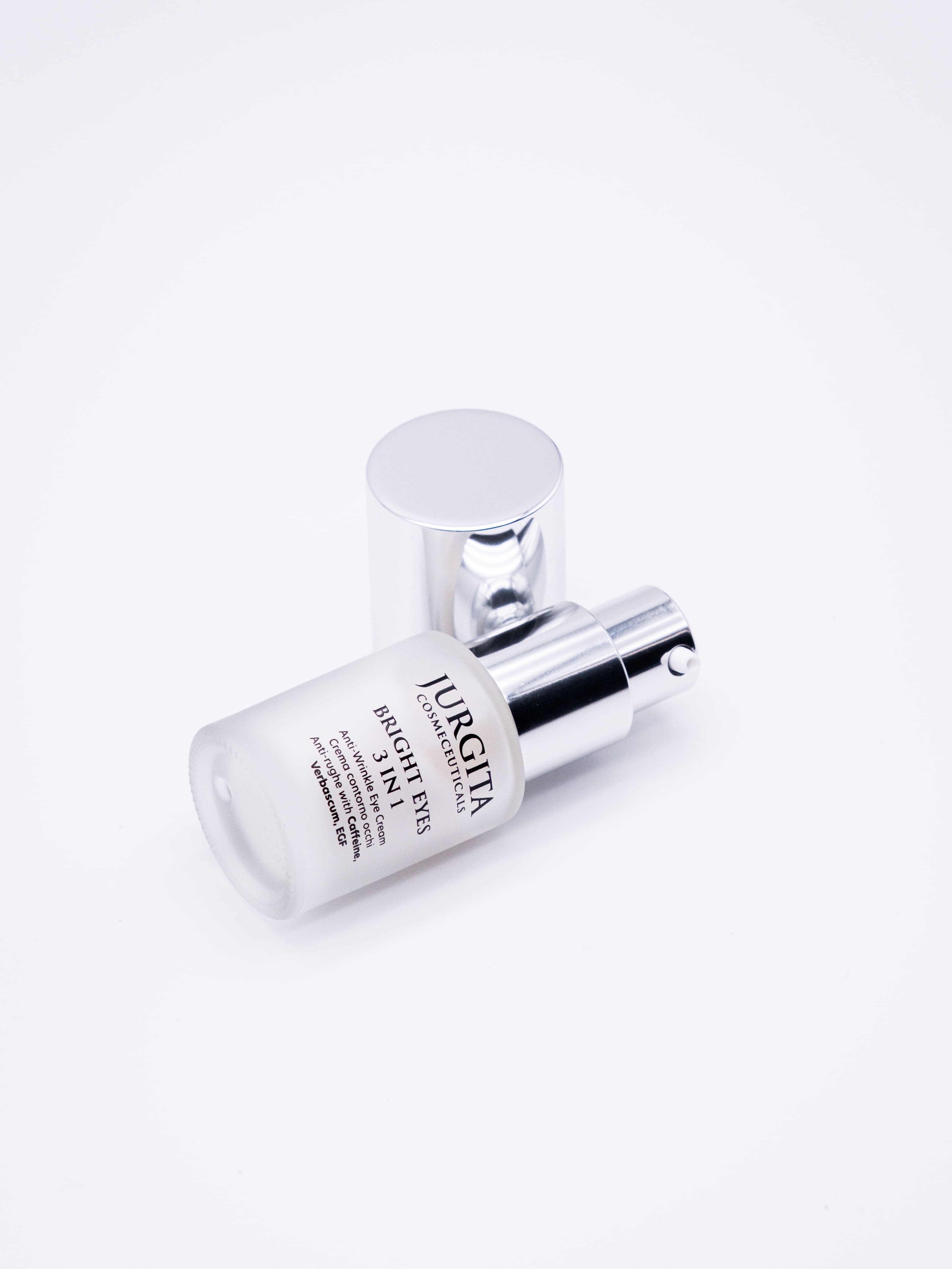Close-up of Bright Eyes 3-in-1 Eye Cream pump – highlighting its elegant, airless packaging for hygienic and precise application.