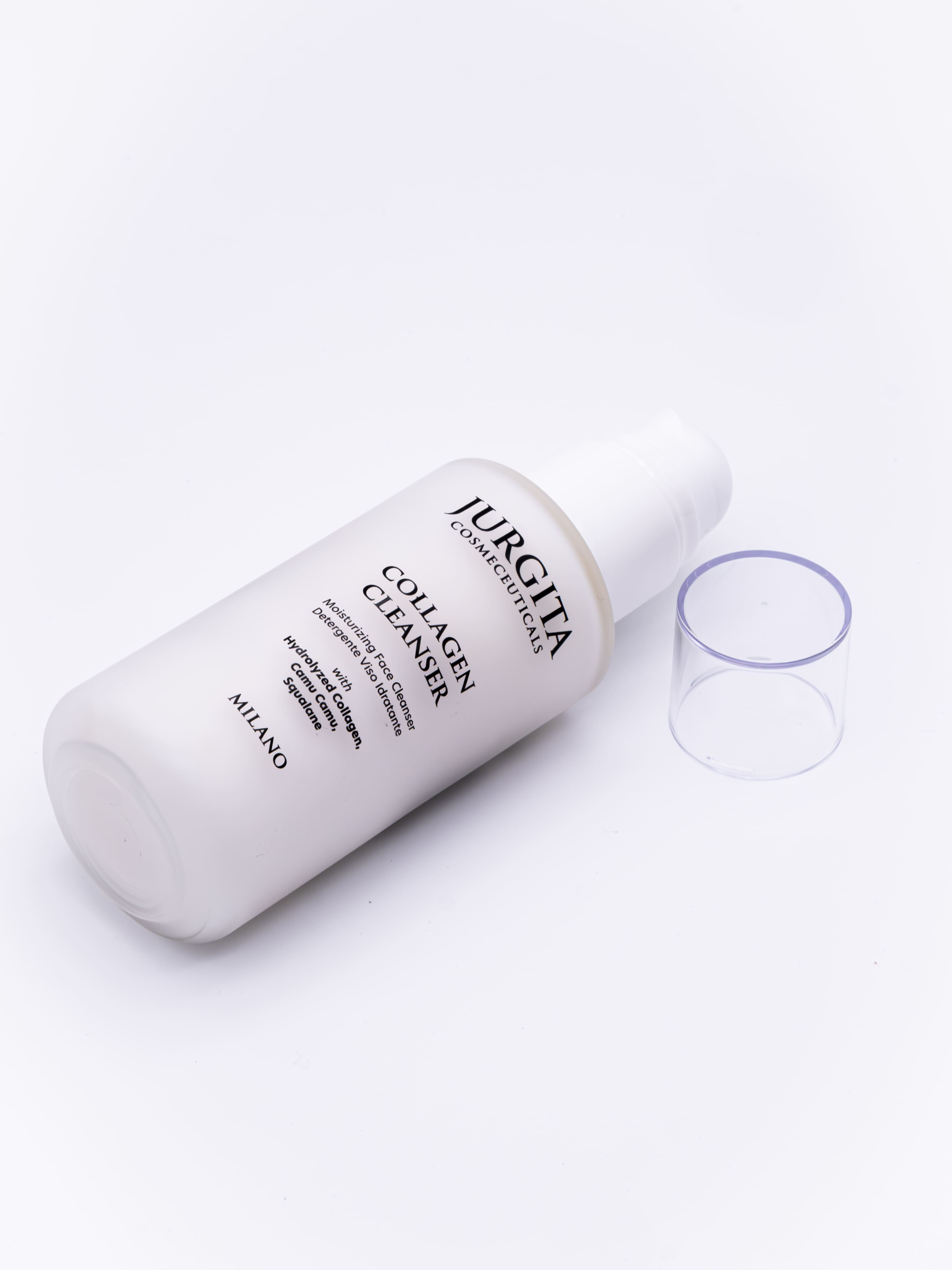 Jurgita Collagen Cleanser bottle on a white background, minimalist product display for gentle facial cleansing.