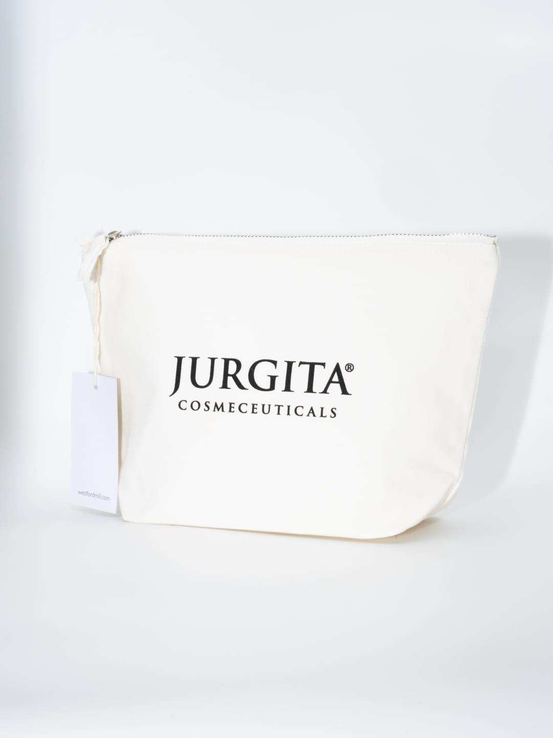 Jurgita Cosmeceuticals branded cotton cosmetic bag, a stylish and practical accessory included in the Body Elegance Trio Set.