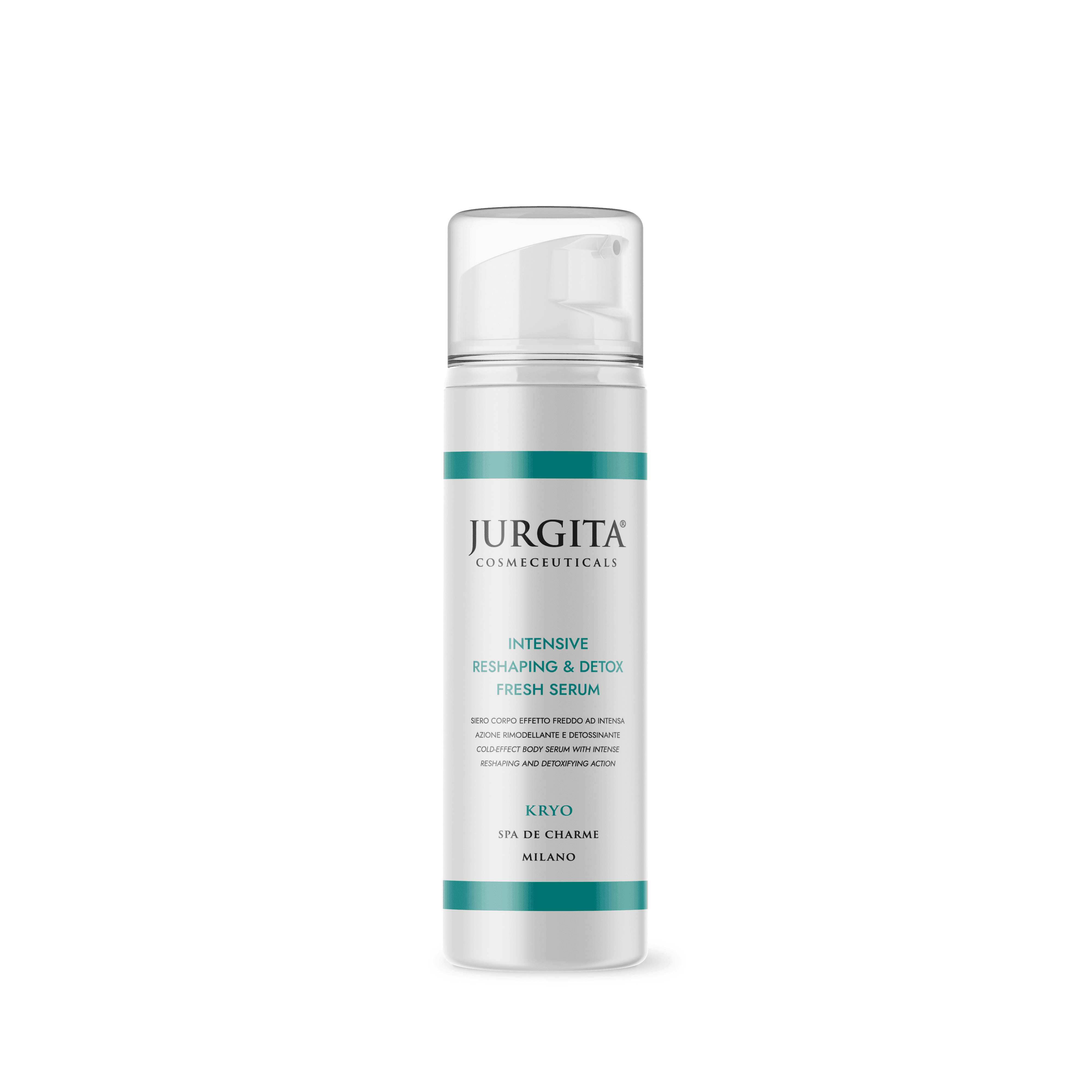 Jurgita Cosmeceuticals Intensive Reshaping & Detox Fresh Serum, formulated with micro-encapsulated caffeine, collagen, and essential oils for firming and detoxifying the skin.