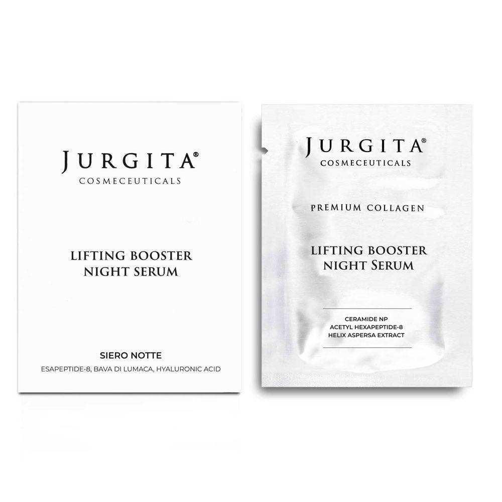A minimalistic yet sophisticated image of the Lifting Booster Night Serum in travel-size sachets, emphasizing convenience and luxury.