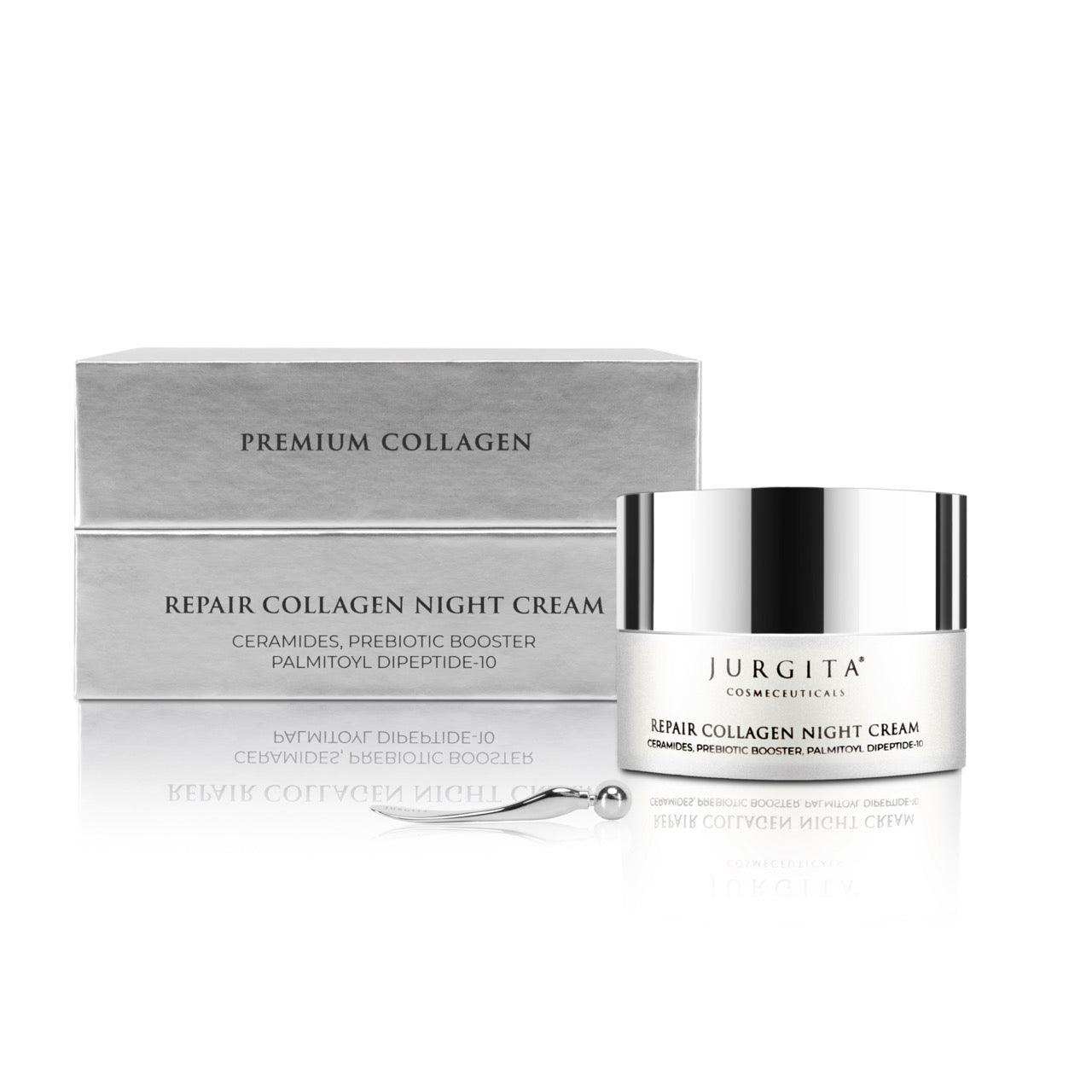 Jurgita Cosmeceuticals Repair Collagen Night Cream displayed alongside its premium silver packaging, highlighting the advanced skincare formulation.