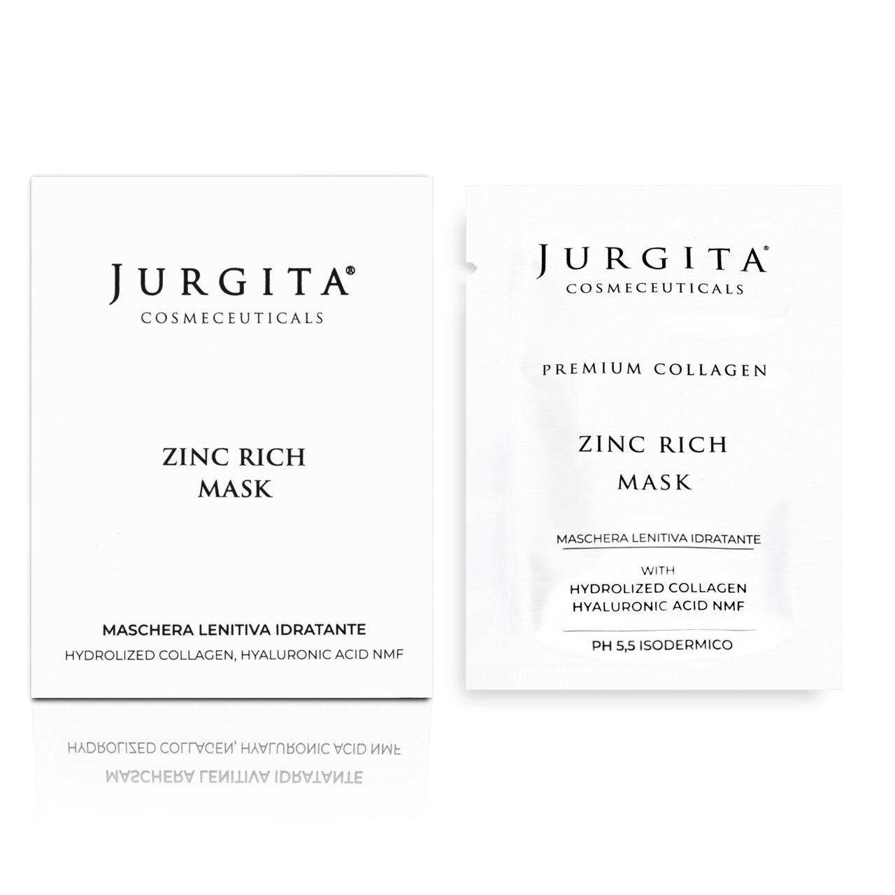 Jurgita Cosmeceuticals Zinc Rich Mask sachet packaging, featuring a minimalist white design with black text highlighting hydrolyzed collagen and hyaluronic acid benefits.
