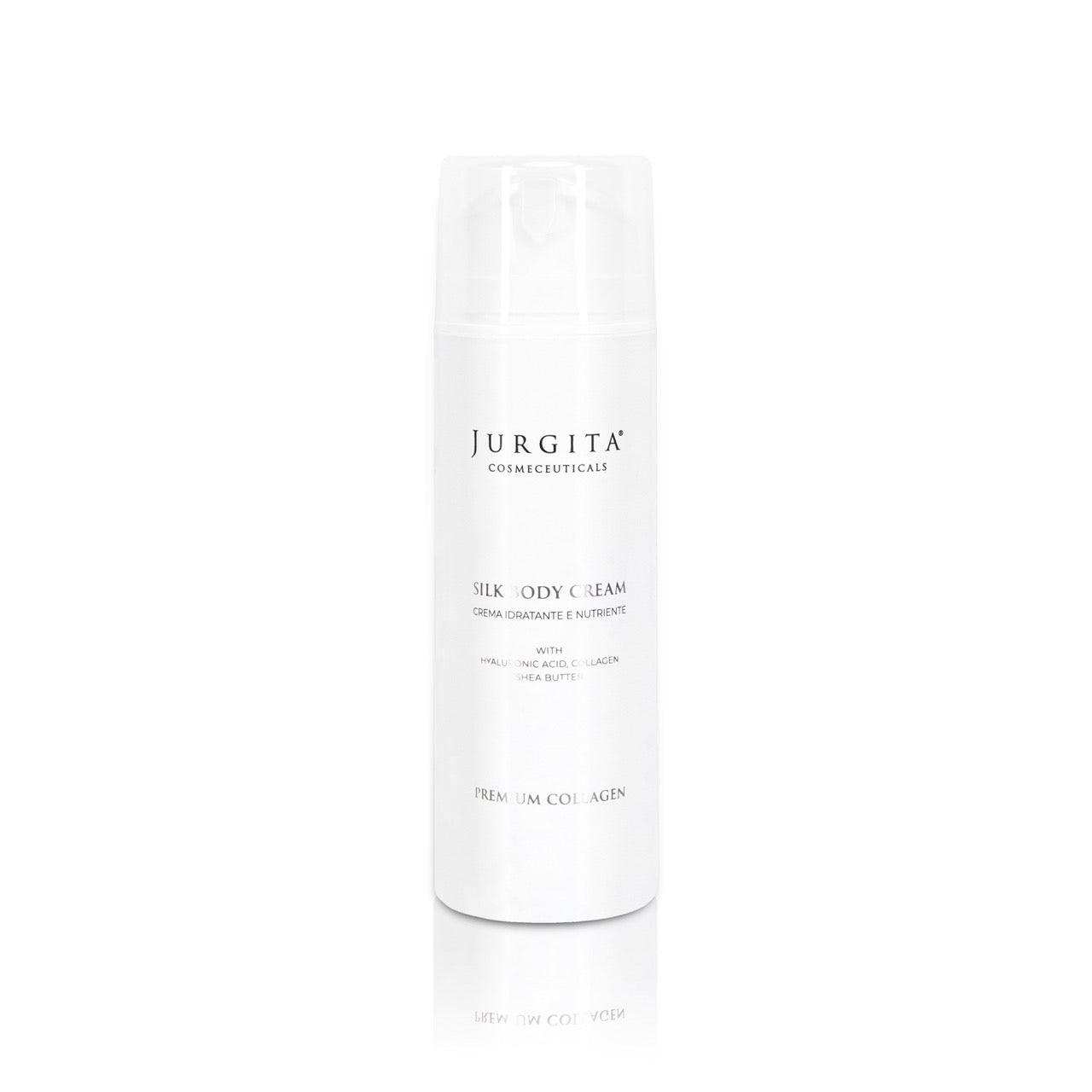 Jurgita Cosmeceuticals Silk Body Cream in an elegant white pump bottle, formulated with hyaluronic acid, collagen, and shea butter for deep hydration and anti-aging benefits.