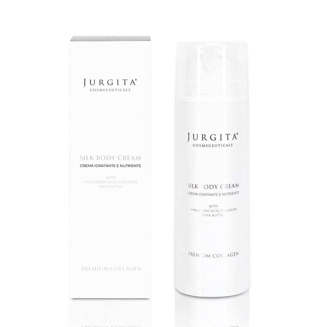 Jurgita Cosmeceuticals Silk Body Cream alongside its sleek packaging, highlighting a formula designed to restore skin's natural glow and silky softness.