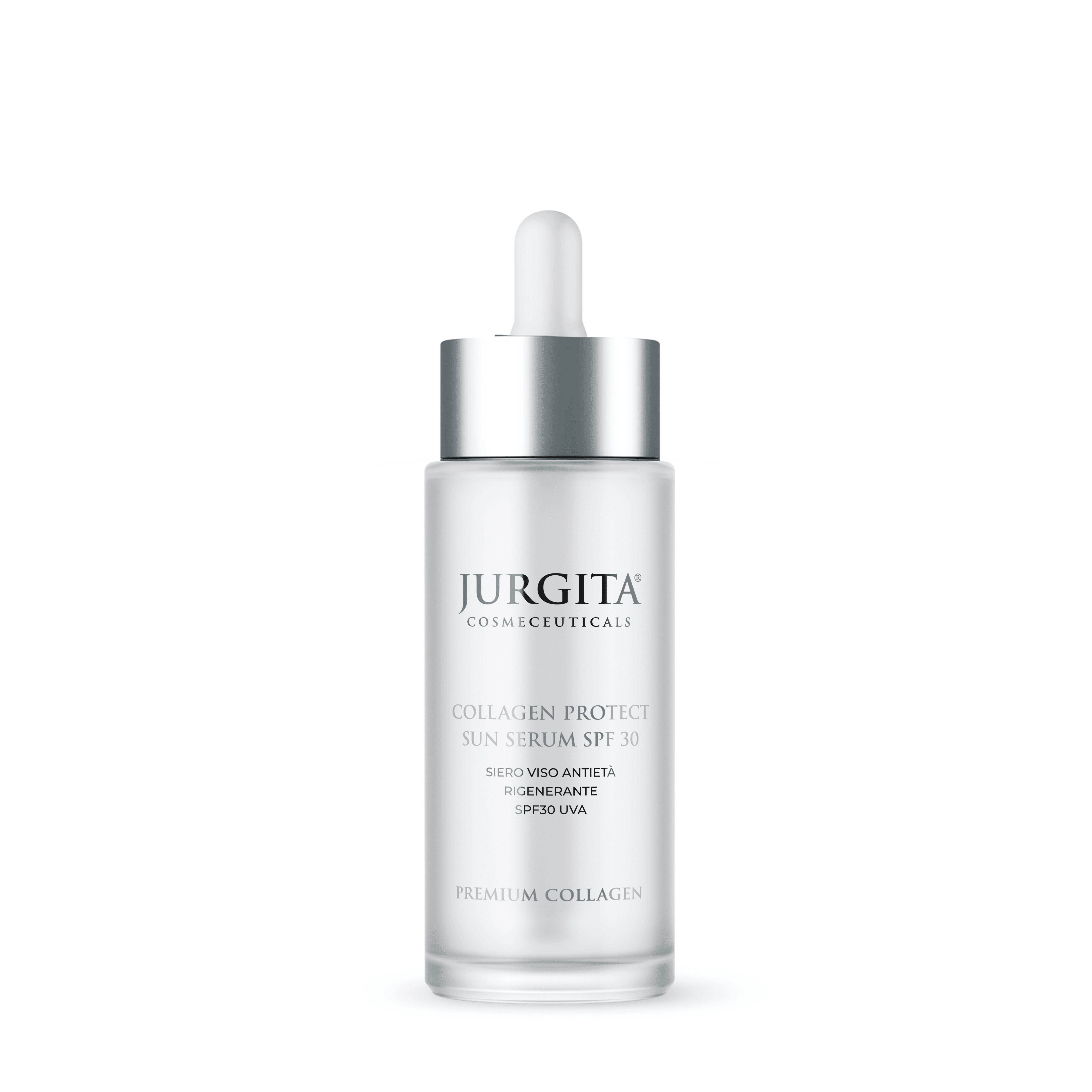 Jurgita Cosmeceuticals Collagen Protect Sun Serum SPF 30 in a sleek frosted glass bottle with a dropper, designed to provide sun protection while enhancing skin elasticity.