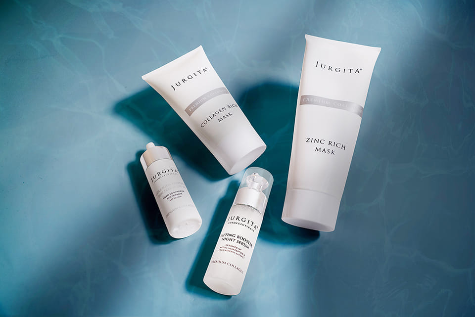 Jurgita Cosmeceuticals Premium Collagen Facial Line products — including collagen and zinc-rich masks, night serum, and intensive booster for anti-aging and skin rejuvenation.