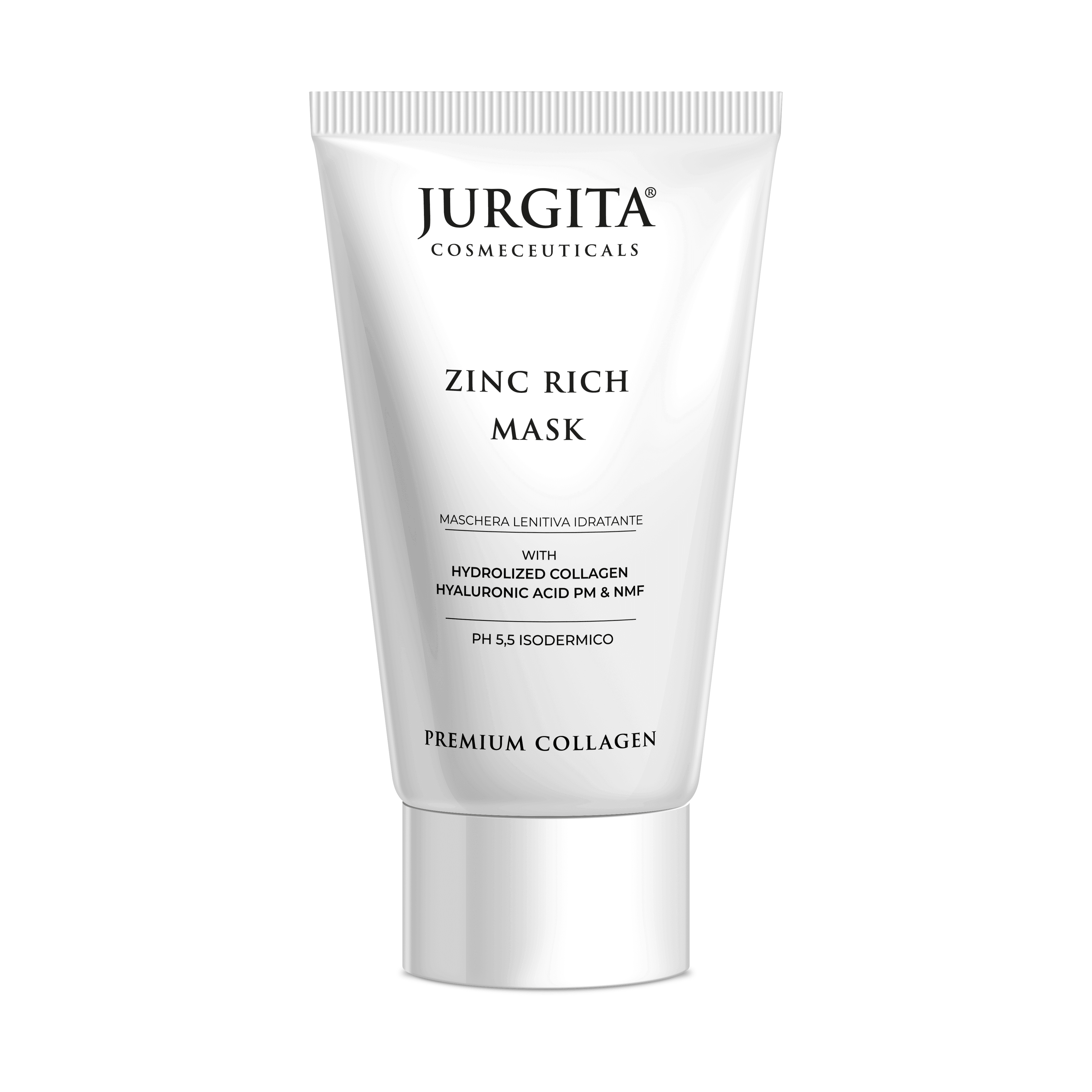 Close-up of Jurgita Cosmeceuticals Zinc Rich Mask in a 50ml tube, emphasizing its premium collagen formula and pH-balanced skincare benefits.