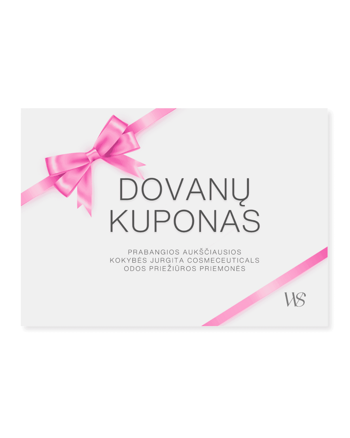 A close-up digital image of a Wellskino gift card with a pink ribbon design. The text on the card, written in Lithuanian, promotes luxury Jurgita Cosmeceuticals skincare products.