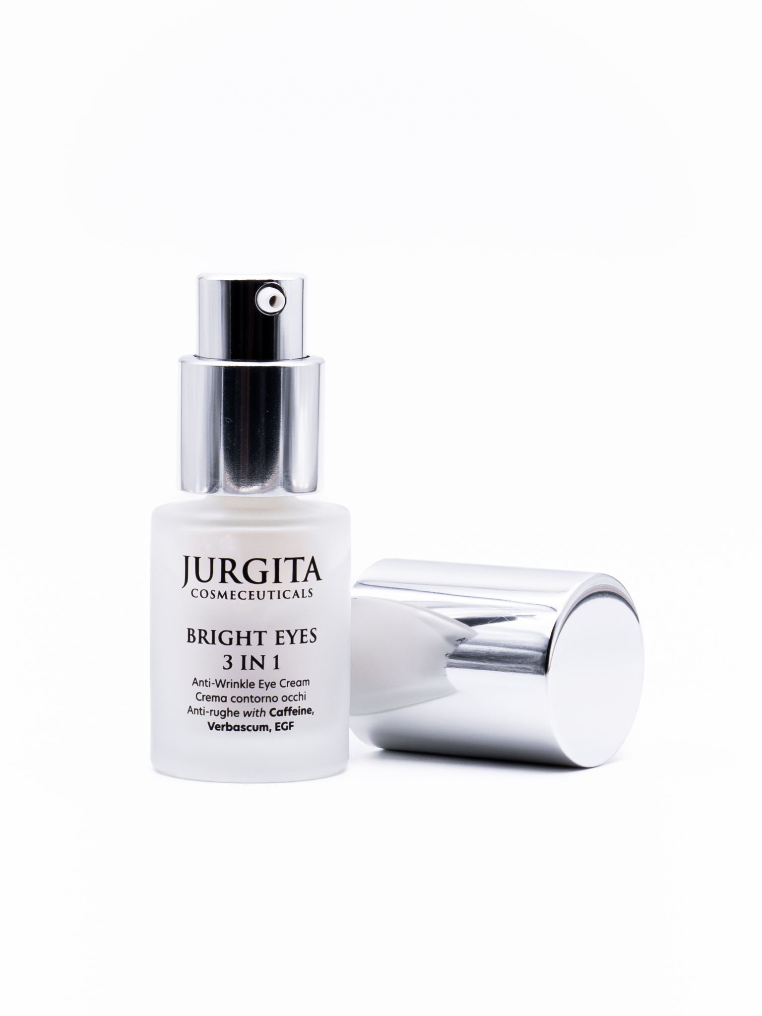 Opened Bright Eyes 3-in-1 Eye Cream with visible pump – premium presentation of this rejuvenating under-eye formula.