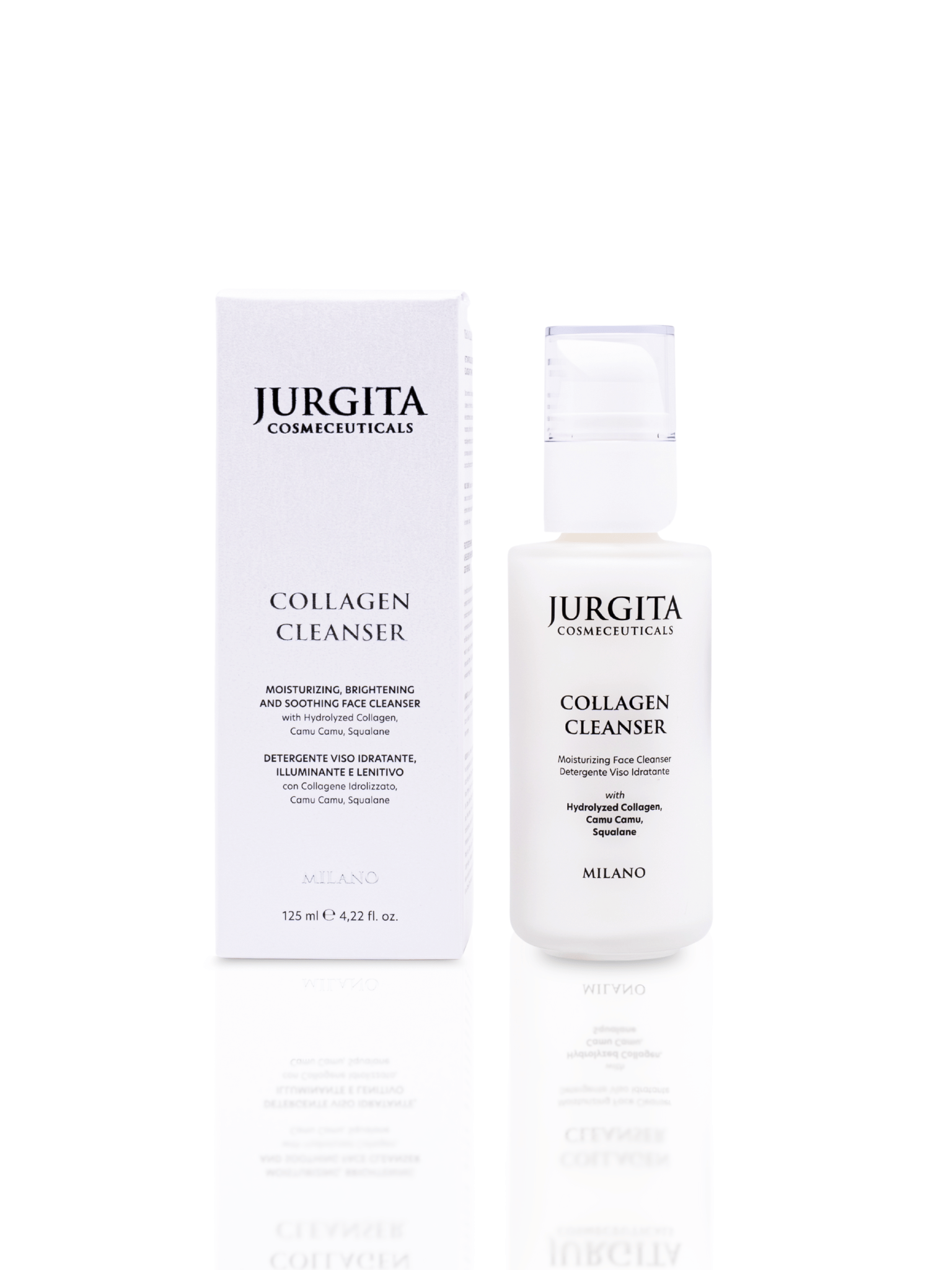 Jurgita Cosmeceuticals Premium Collagen Cleanser in an elegant glass pump bottle, displayed next to its sleek white packaging.