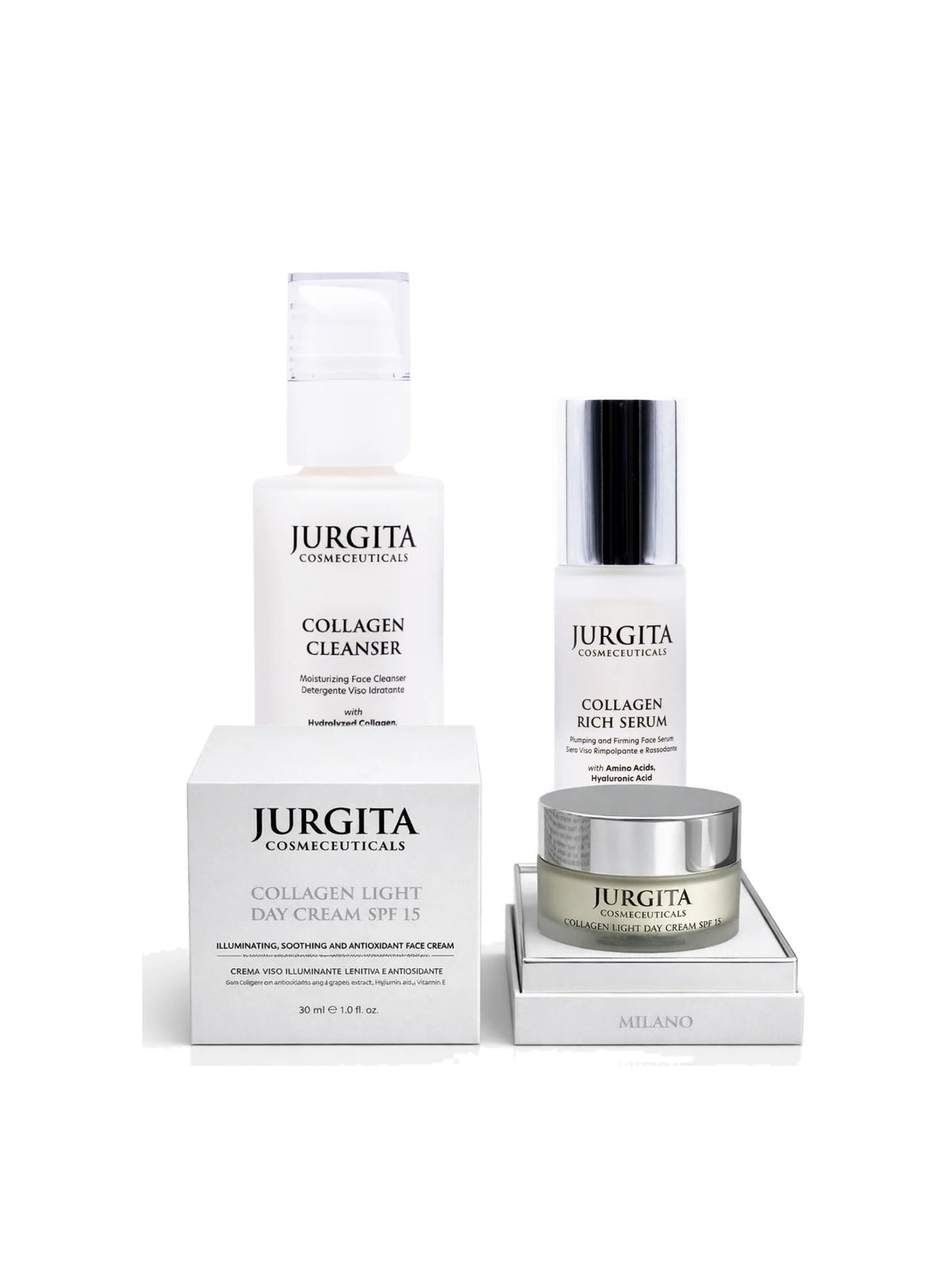 Jurgita Cosmeceuticals Collagen Day Ritual Set: Premium Collagen Cleanser, Collagen Rich Serum and Collagen Day Cream SPF 15