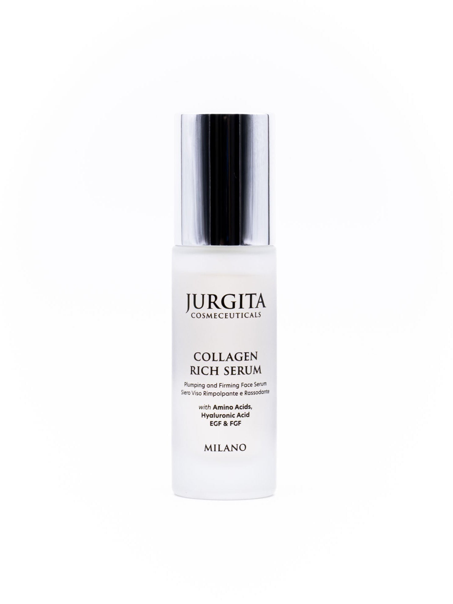 A sleek, transparent bottle of "Collagen Rich Serum" with a silver pump, labeled with key ingredients and branding.