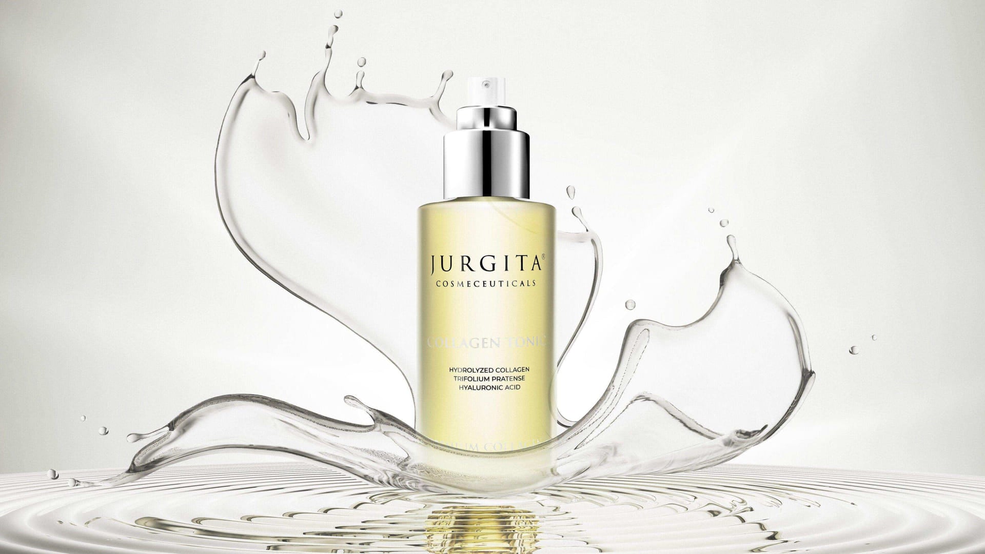 Jurgita Cosmeceuticals Collagen Tonic bottle suspended in a dynamic water splash, emphasizing its hydrating and soothing properties.