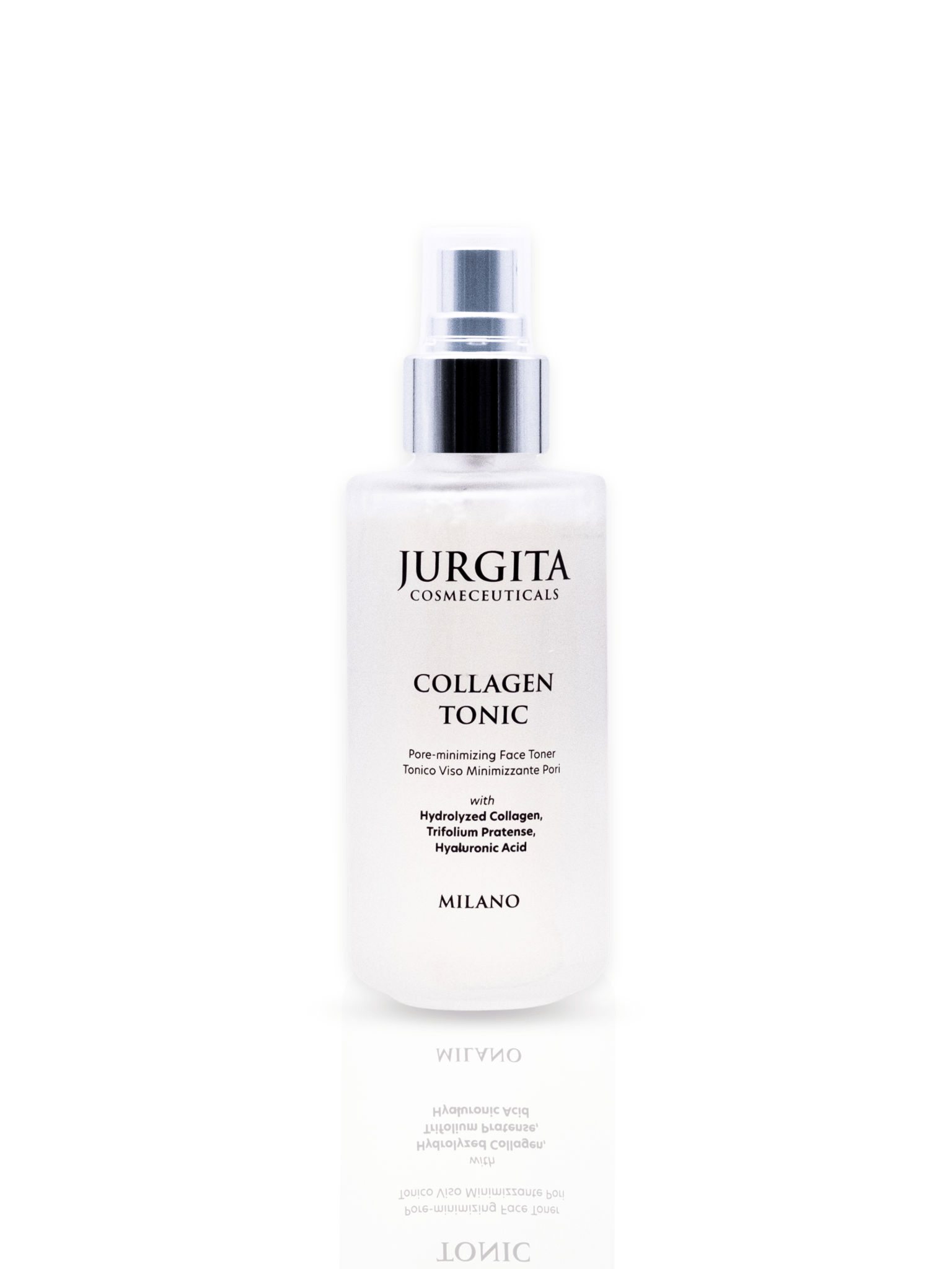 Jurgita Cosmeceuticals Collagen Tonic in a sleek glass bottle with a silver pump, next to its elegant white packaging with embossed branding.