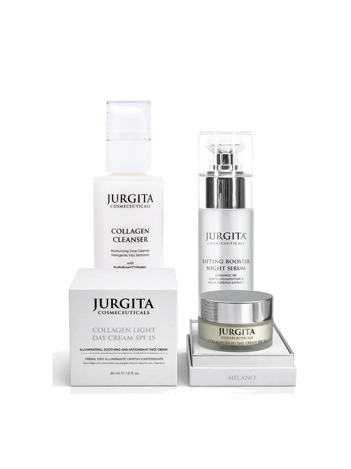 Jurgita Cosmeceuticals Day and Night Lift Ritual Set: Premium Collagen Cleanser, Collagen Day Cream SPF 15 and Lifting Booster Night Serum
