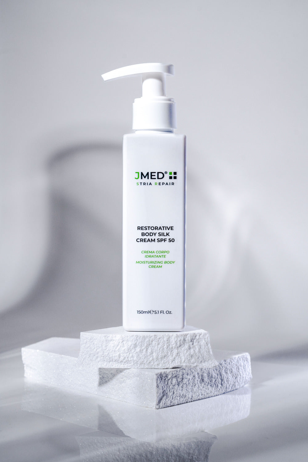 JMed Stria Repair Restorative Body Silk Cream SPF50 – 150ml sun-protective body care for skin hydration and elasticity.