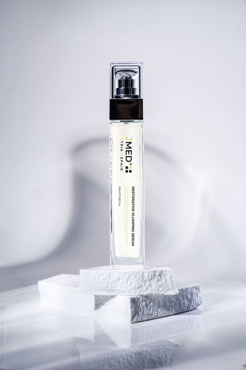 JMed Stria Repair Restorative Plumping Serum – 50ml anti-stretch mark serum for skin regeneration and elasticity.