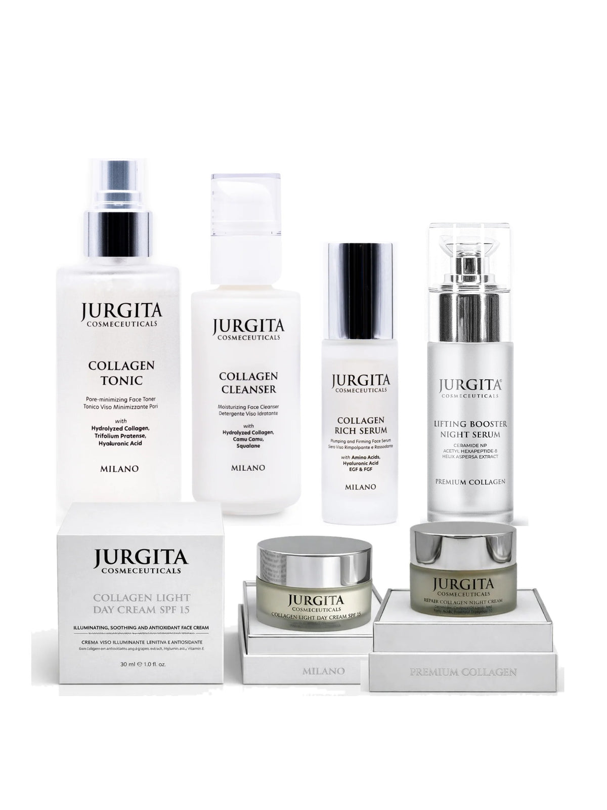 Jurgita Cosmeceuticals Luxury 24h Collagen Ritual Set: cleanser, tonic, Collagen Rich Serum, Lifting Booster Night Serum, Day Cream SPF 15 and Repair Collagen Night Cream