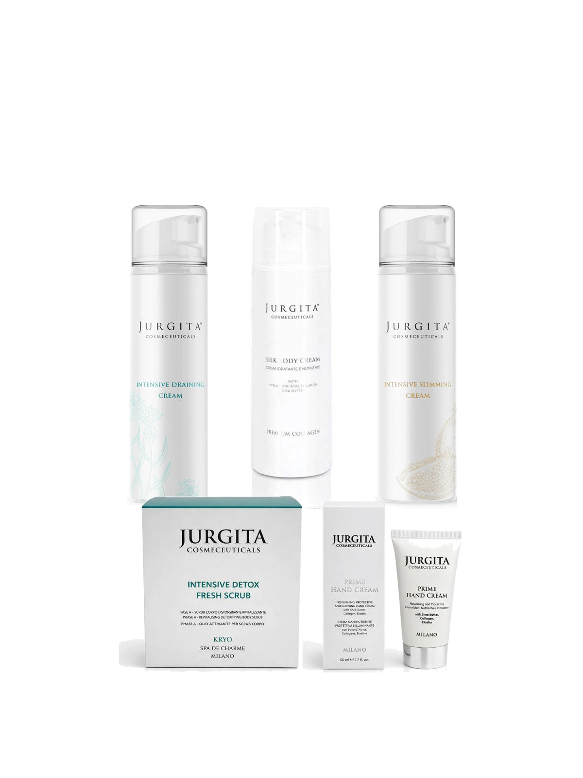 Jurgita Cosmeceuticals Perfect Body Ritual Set: Detox Fresh Scrub, Draining Cream, Silk Body Cream, Slimming Cream and Prime Hand Cream