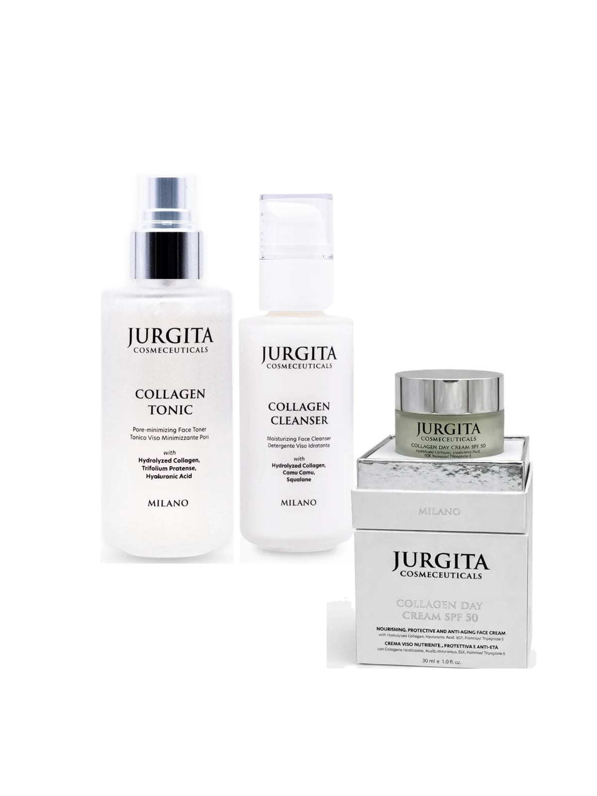 Jurgita Cosmeceuticals Daily Defence Ritual Set: Premium Collagen Cleanser, Collagen Tonic and Collagen Day Cream SPF 50